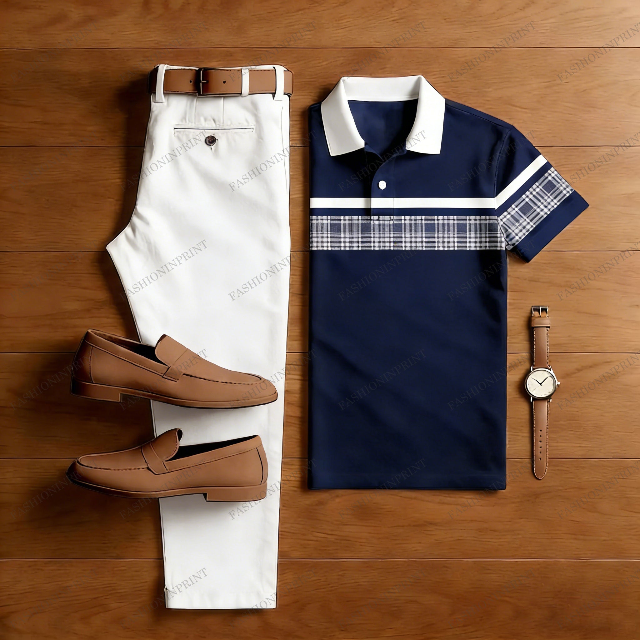 Men's Casual Navy Blue & White Color Matching Checkered Printed Short Sleeved Polo Shirt & Trousers Two-Piece Set
