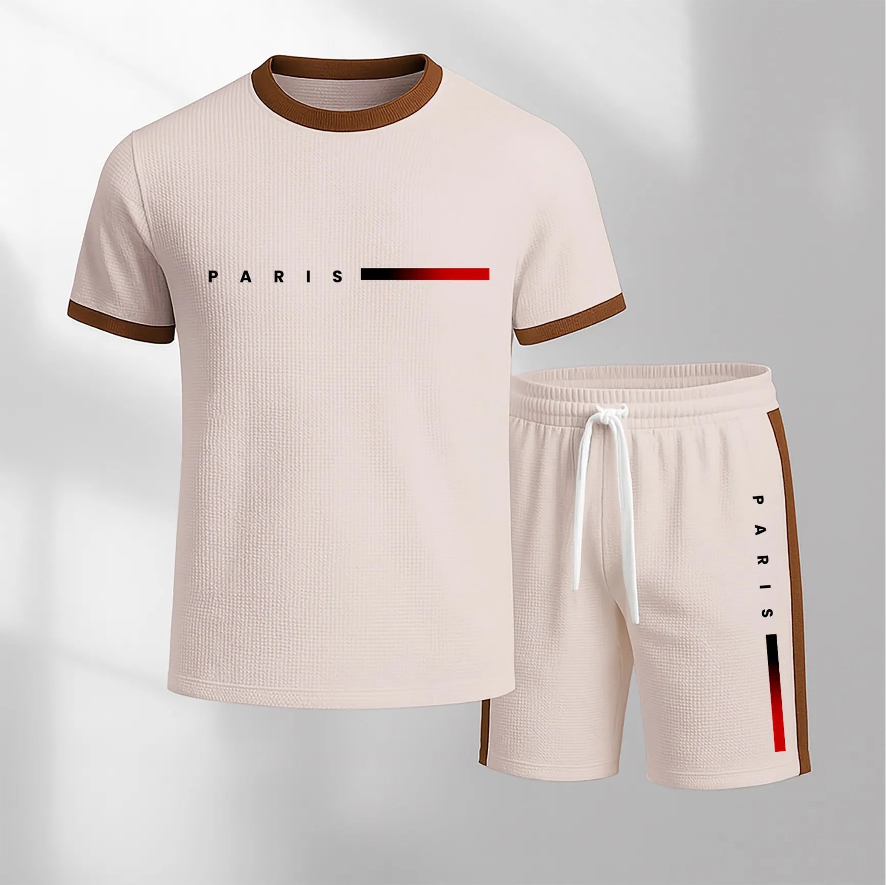 Men's Paris Print Short-Sleeved T-Shirt And Drawstring Shorts Set, Men's Casual Sportswear, Short-Sleeved Top And Shorts, Suitable For Summer Daily Wear, Indoor And Outdoor Sports, Athletic Set.