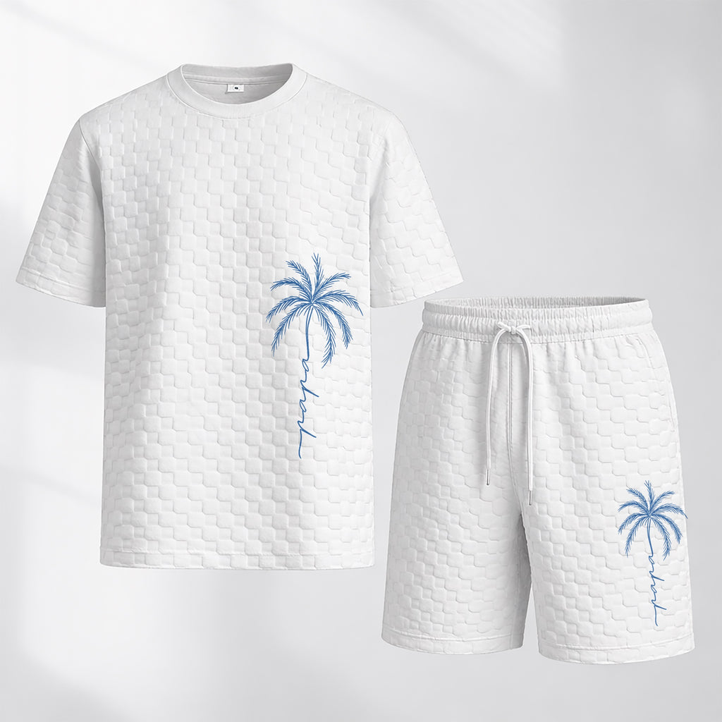 Men's Spring and Summer Palm Tree Print Checkered Fabric Drawstring Shorts Set, Casual Summer Outfit with Short-Sleeved Shirt and Shorts, Ideal for Everyday Wear and Sports Activities.