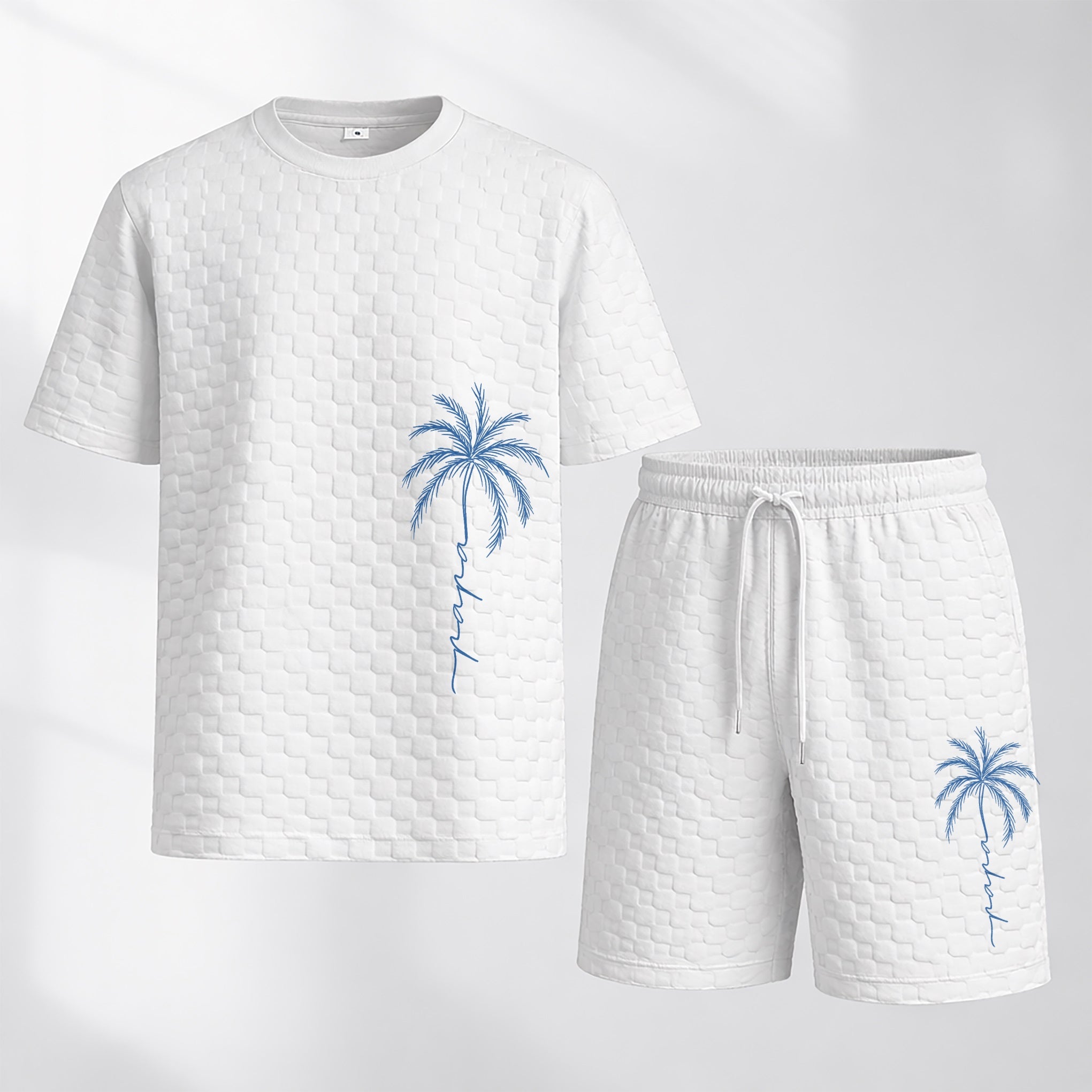 Men's Spring and Summer Palm Tree Print Checkered Fabric Drawstring Shorts Set, Casual Summer Outfit with Short-Sleeved Shirt and Shorts, Ideal for Everyday Wear and Sports Activities.