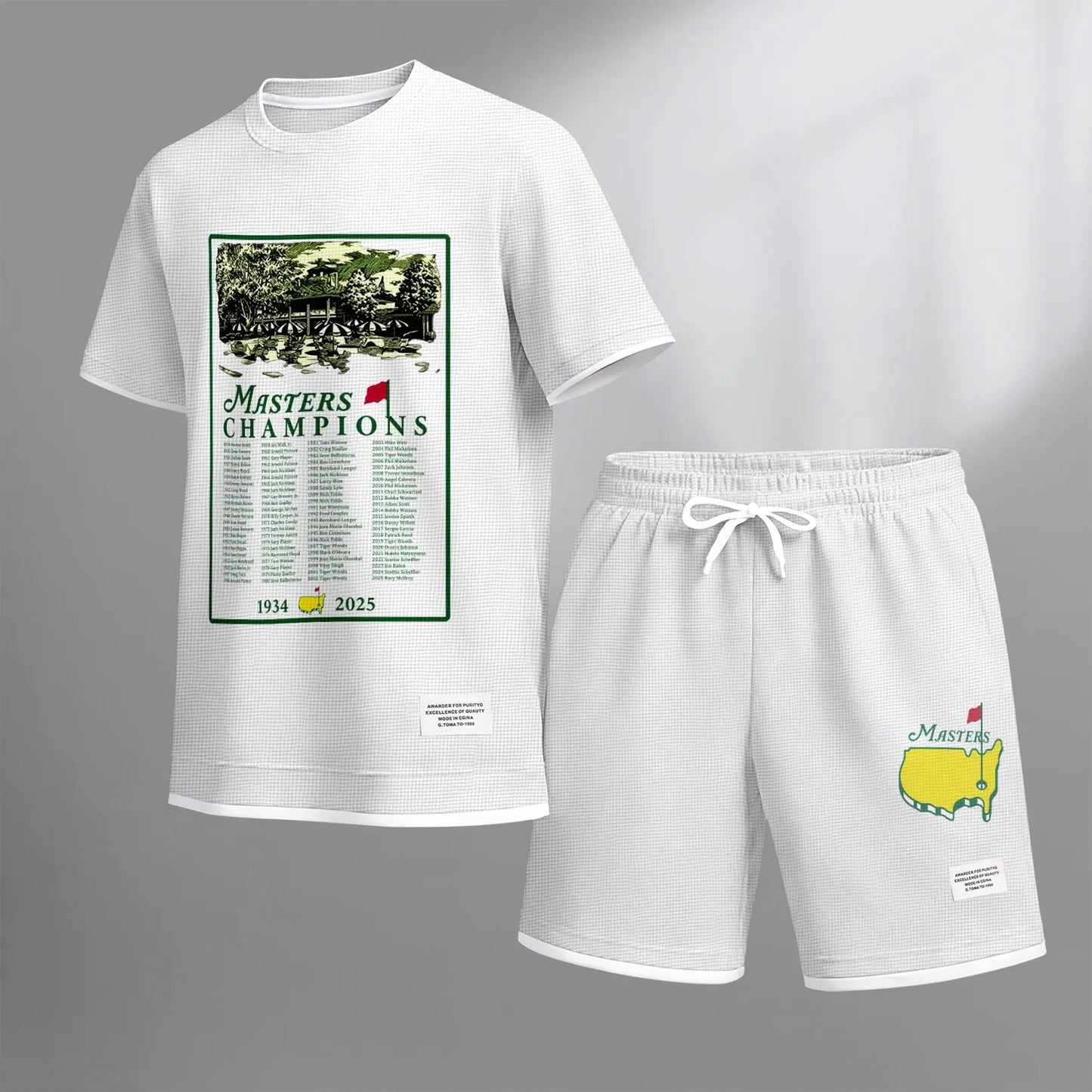 Men's Golf Club print drawstring shorts set for spring/summer, a casual summer outfit including a short-sleeved shirt and shorts, suitable for everyday wear and sports. A two-piece set for a relaxed and energetic lifestyle.