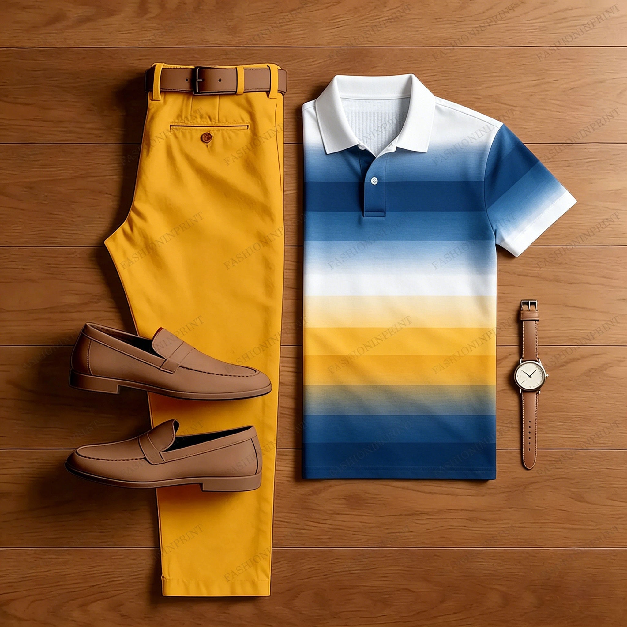 Men's Casual Blue Gradient Printed Polo Shirt And Pants Two-Piece Set