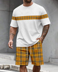 Men's Summer Colorblock Plaid Print Round Neck Set 478