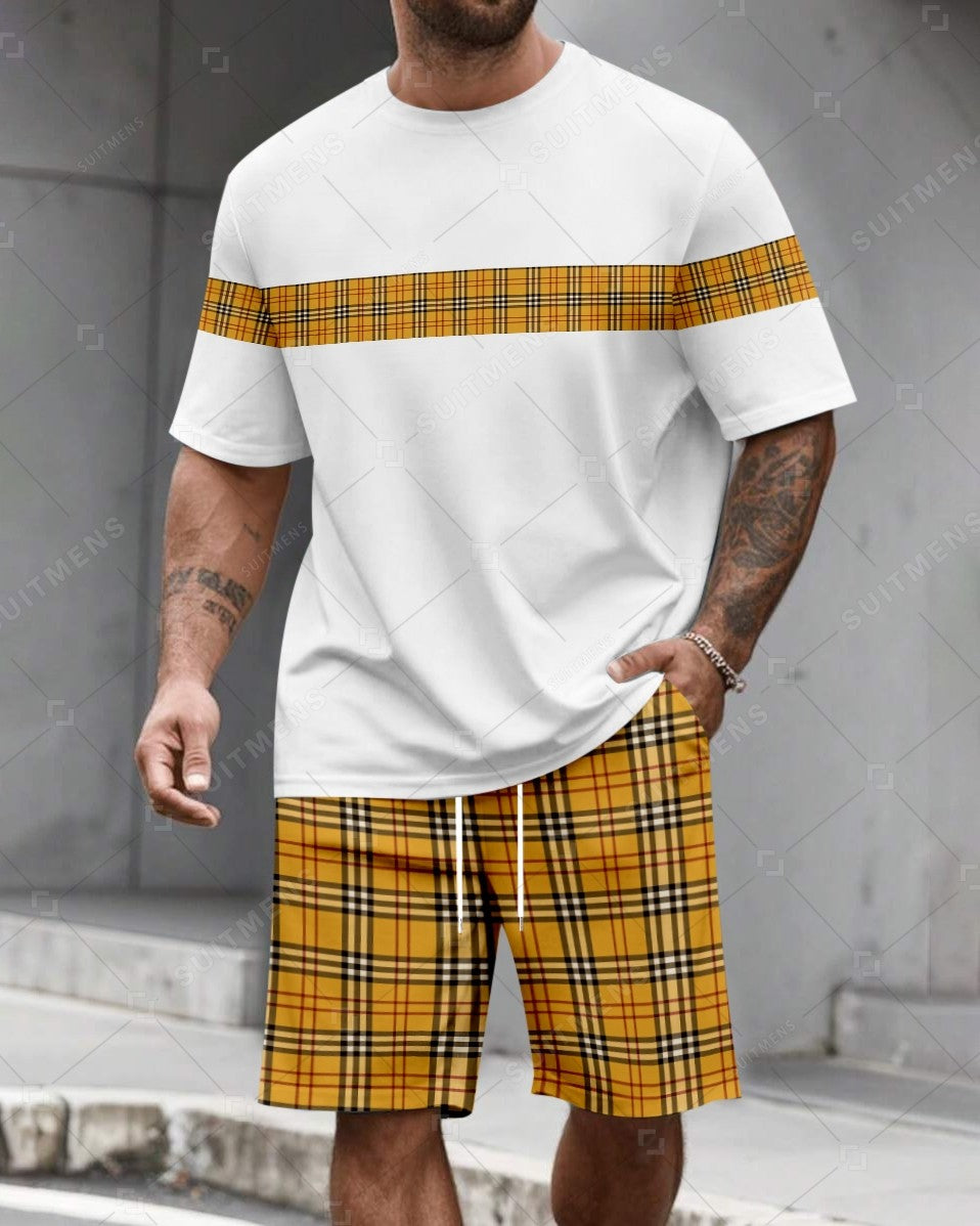 Men's Summer Colorblock Plaid Print Round Neck Set 478