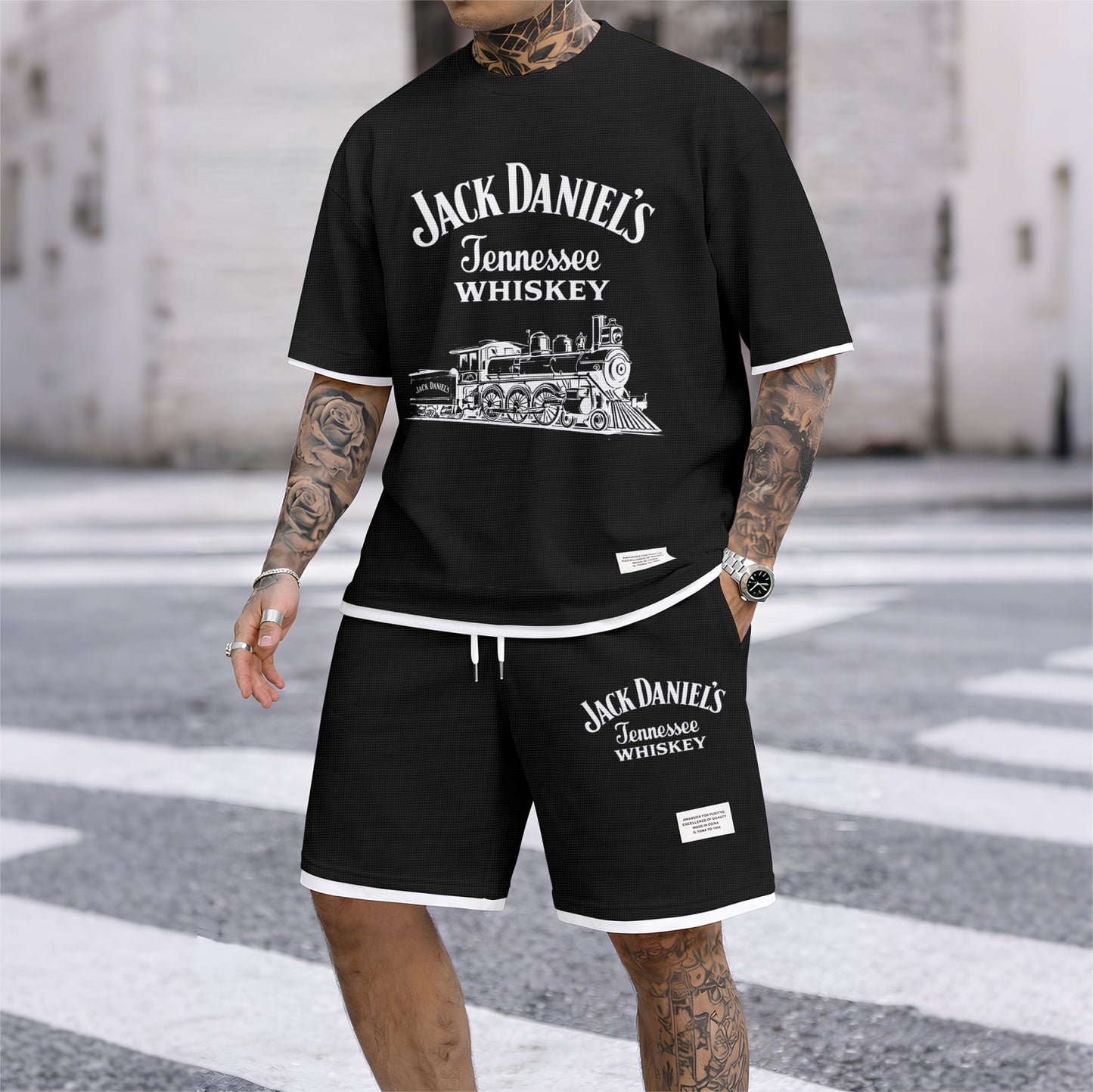 Men's Beer Print Drawstring Shorts Set, Suitable For Spring And Summer Wear, Casual Summer Set, Including Short-Sleeved Shirt And Shorts, Suitable For Everyday Wear And Sports.