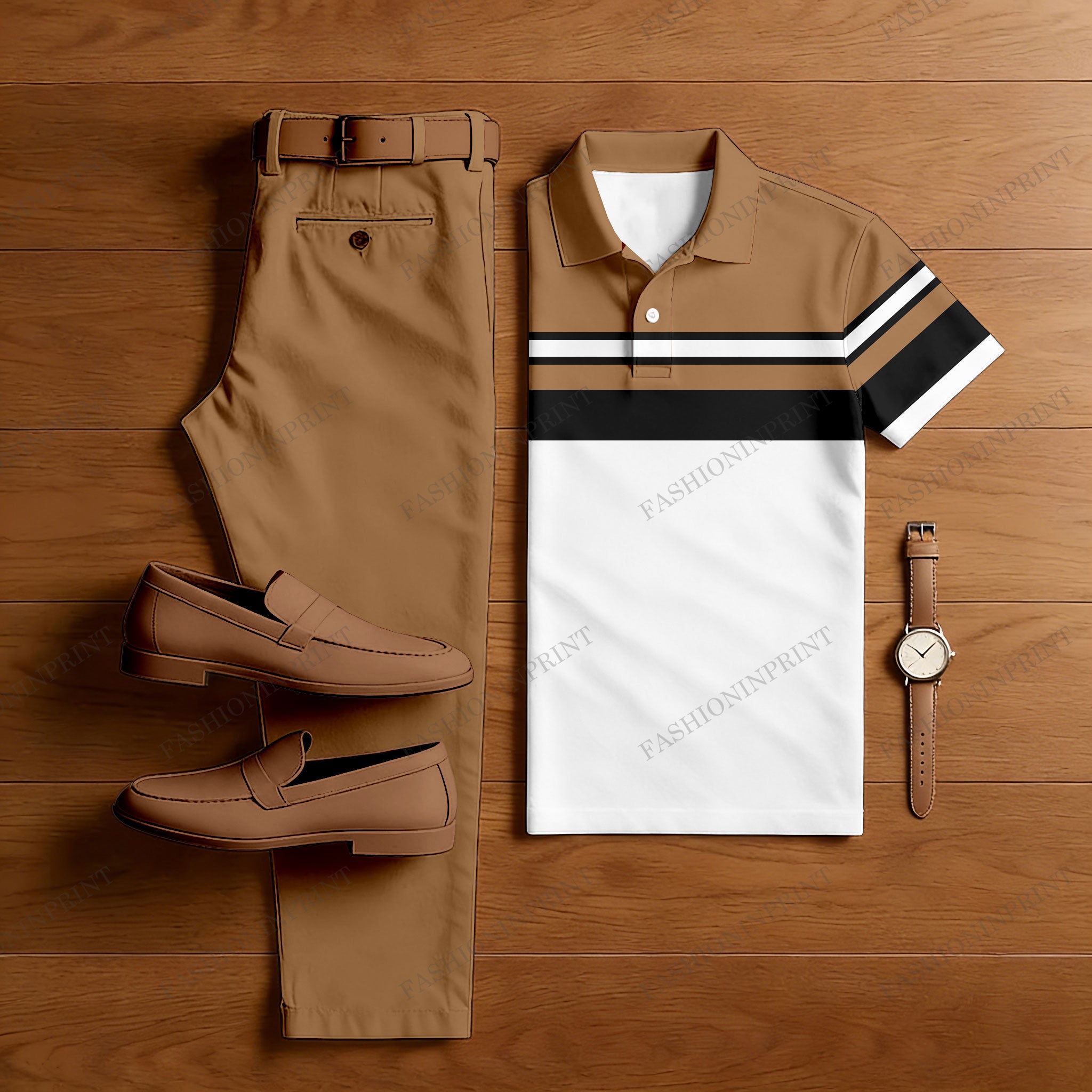 Men's Casual Color Blocking Geometric Printed Short Sleeved Polo Shirt & Trousers Two-Piece Set