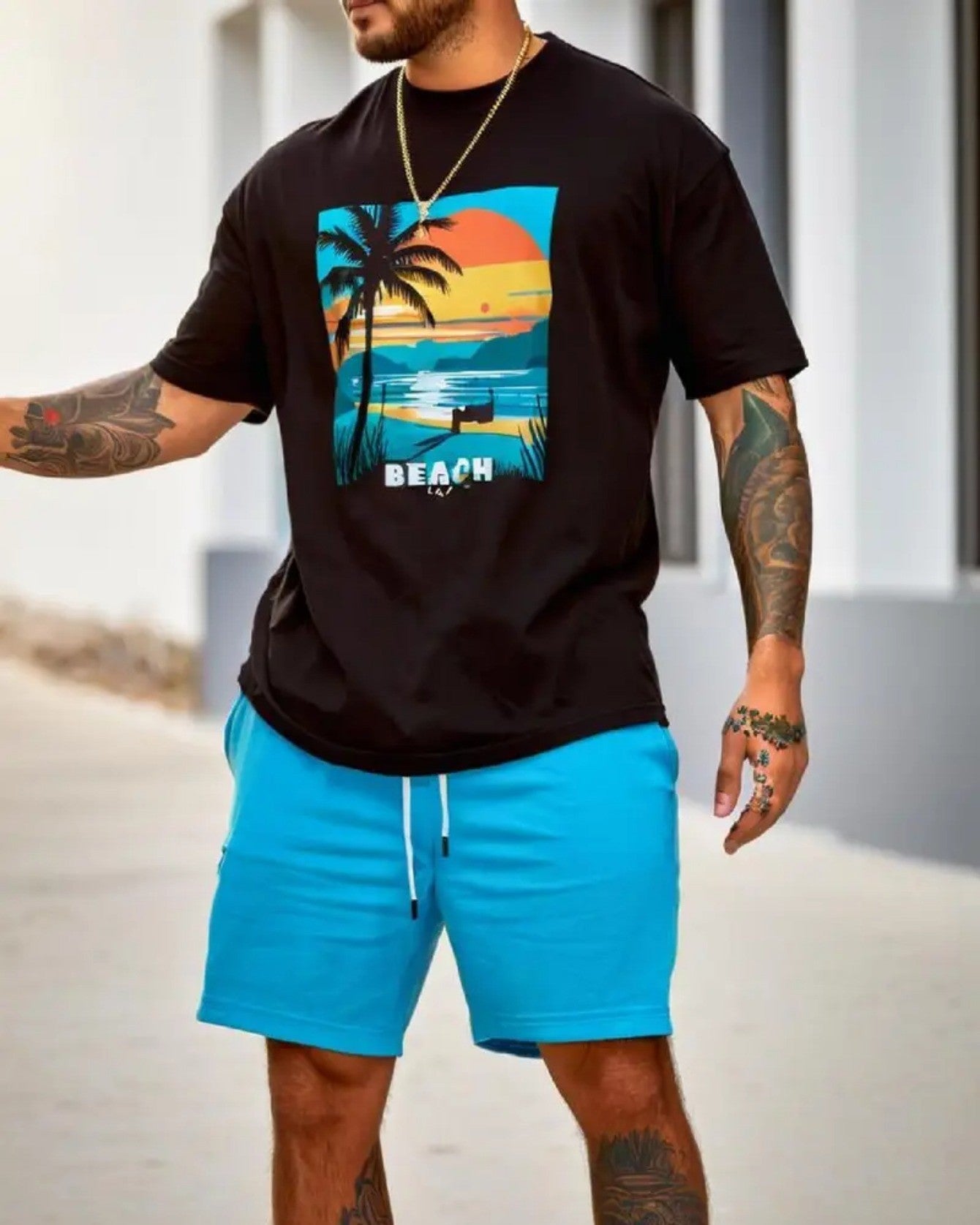 Men's Summer Vacation Round Neck Set 199
