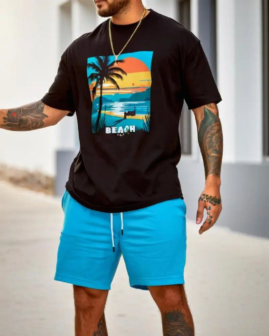Men's Summer Vacation Round Neck Set 199