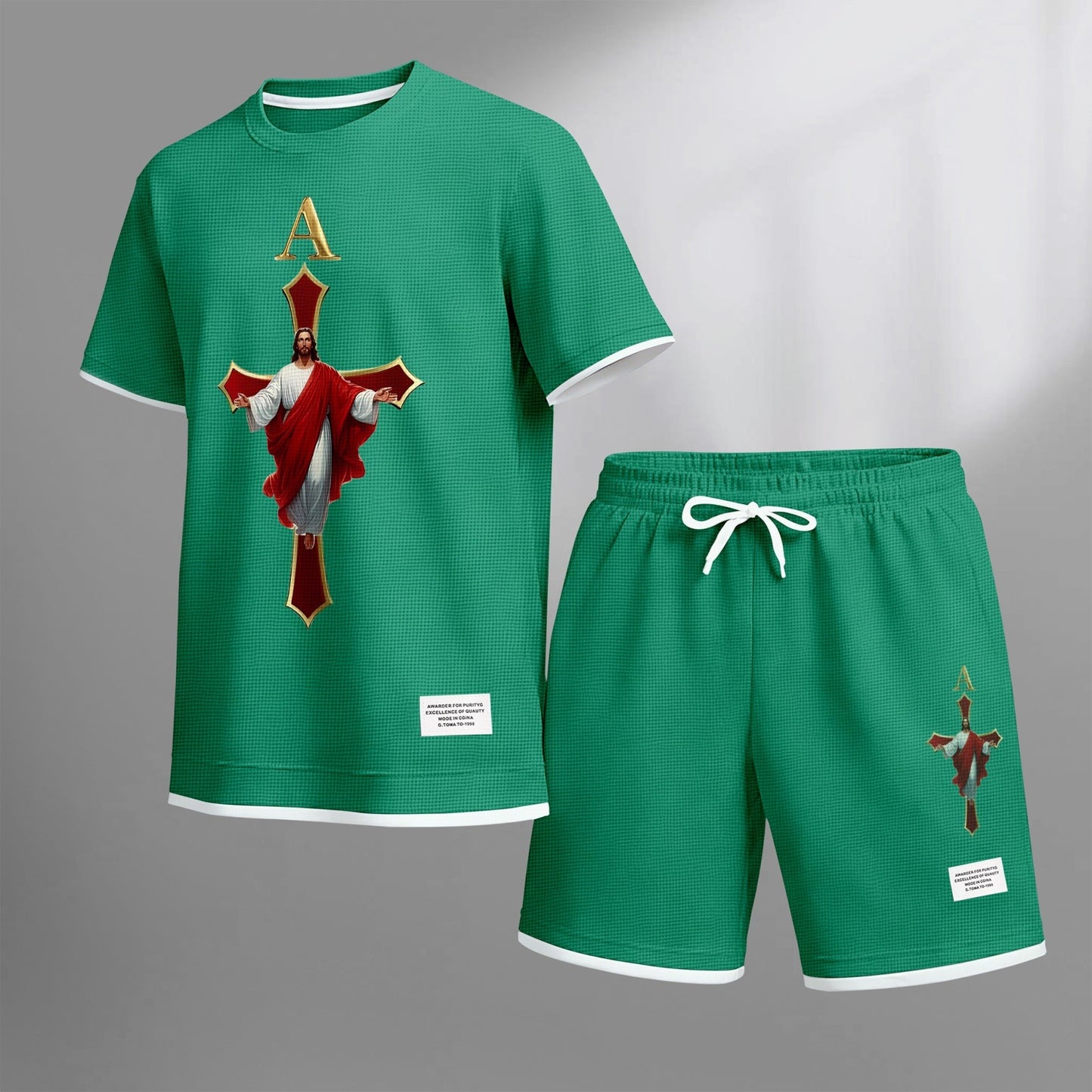 Men's Jesue print drawstring shorts set for spring/summer, a casual summer outfit including a short-sleeved shirt and shorts, suitable for everyday wear and sports. A two-piece set for a relaxed and energetic lifestyle.