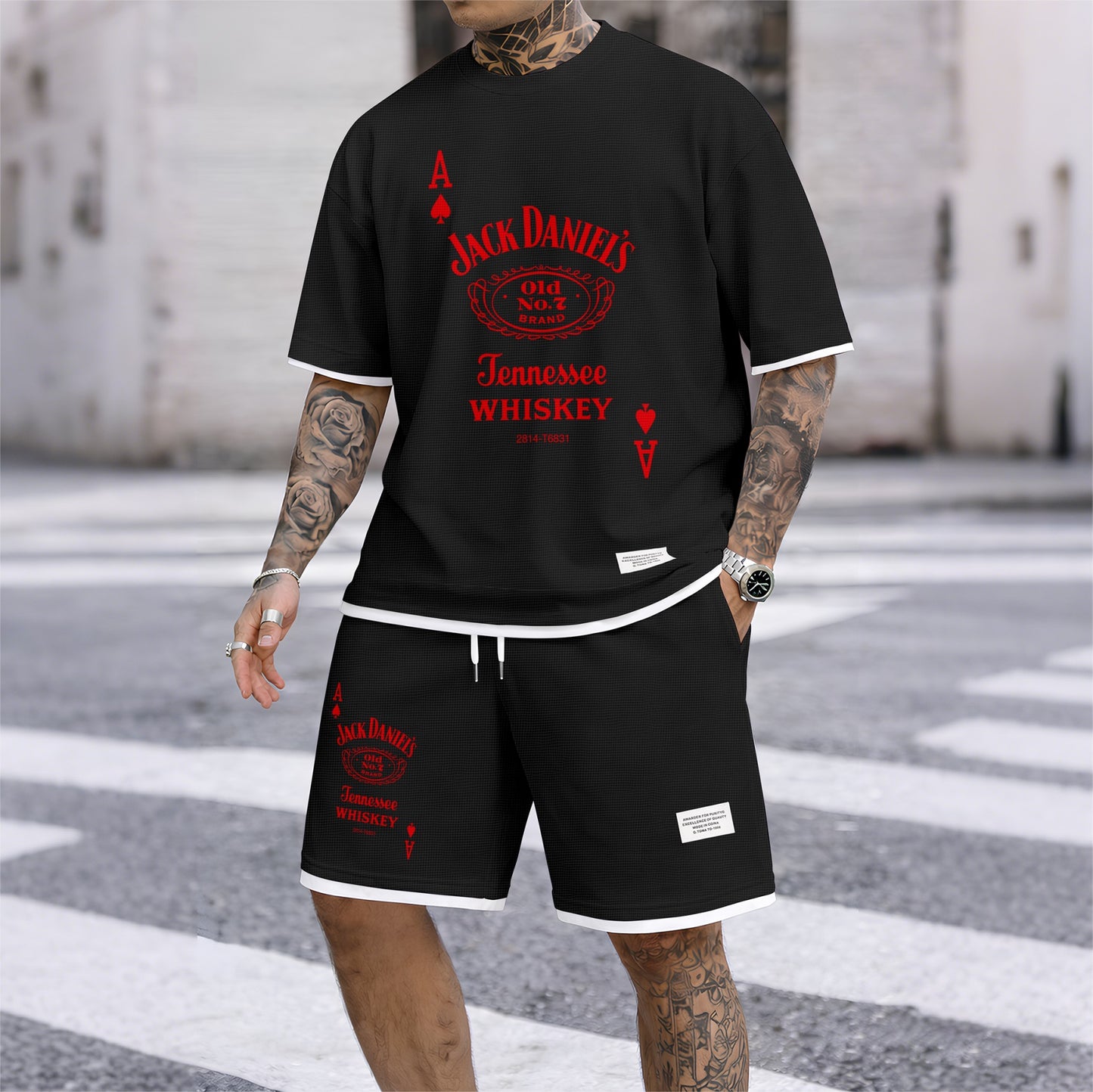 Men's Beer And Beverage Printed Drawstring Shorts Set, Suitable For Spring And Summer Wear, Casual Summer Set, Including Short-Sleeved Shirt And Shorts, Suitable For Everyday Wear And Sports 013