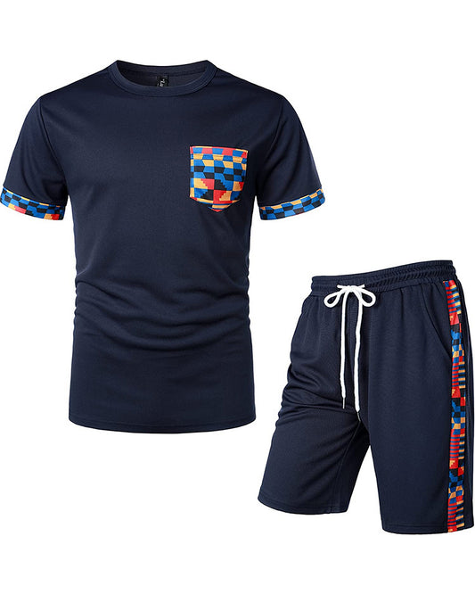 Men's Printed Colorblock T-Shirt and Shorts Set 005