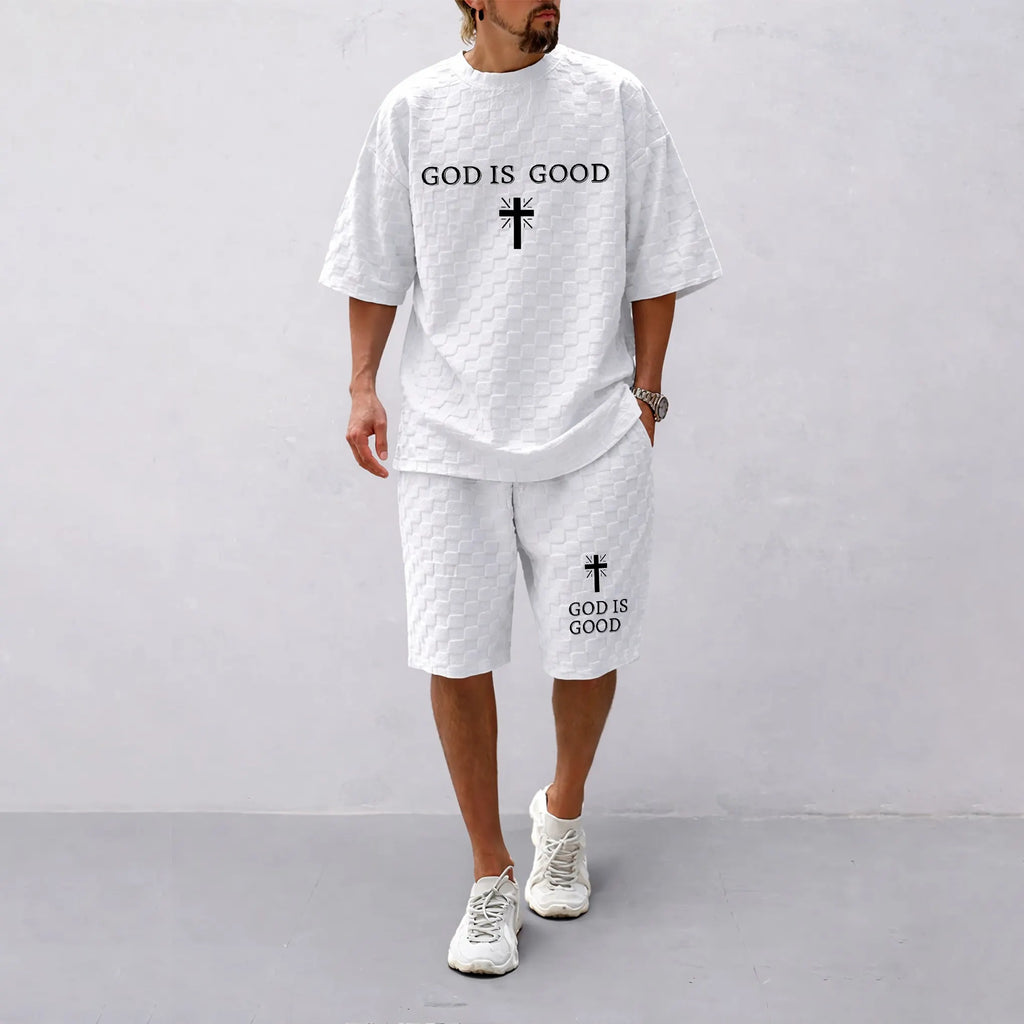 Men's Spring and Summer God is Good Letter Print Checkered Fabric Drawstring Shorts Set, Casual Summer Outfit with Short-Sleeved Shirt and Shorts, Ideal for Everyday Wear and Sports Activities