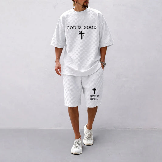 Men's Spring and Summer God is Good Letter Print Checkered Fabric Drawstring Shorts Set, Casual Summer Outfit with Short-Sleeved Shirt and Shorts, Ideal for Everyday Wear and Sports Activities