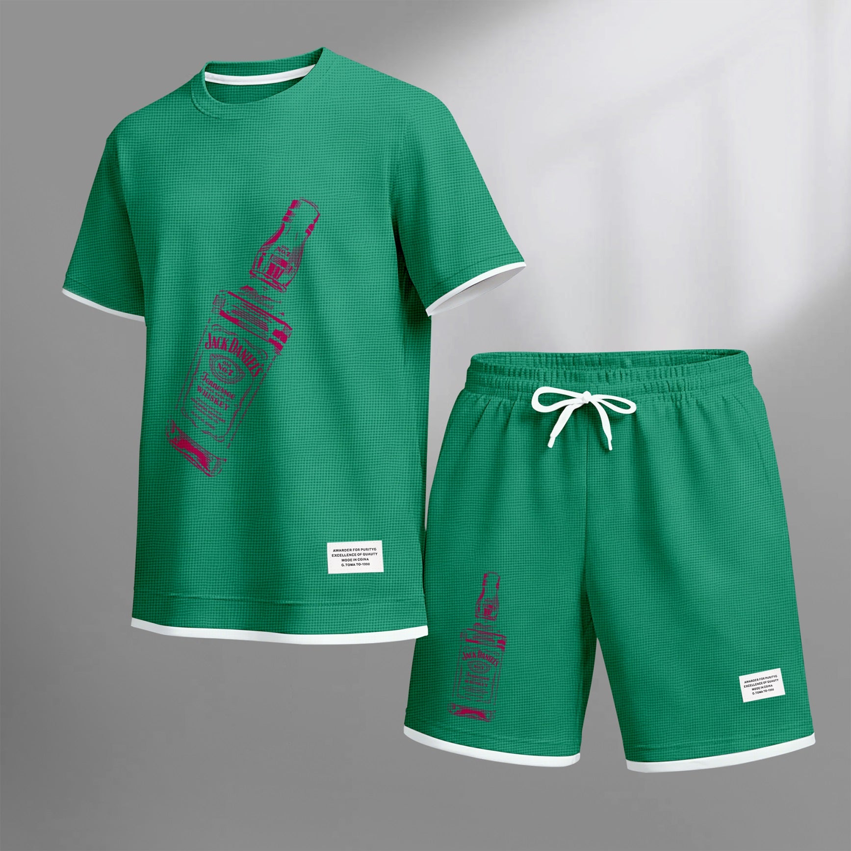 Men's Beer And Beverage Printed Drawstring Shorts Set, Suitable For Spring And Summer Wear, Casual Summer Set, Including Short-Sleeved Shirt And Shorts, Suitable For Everyday Wear And Sports 07