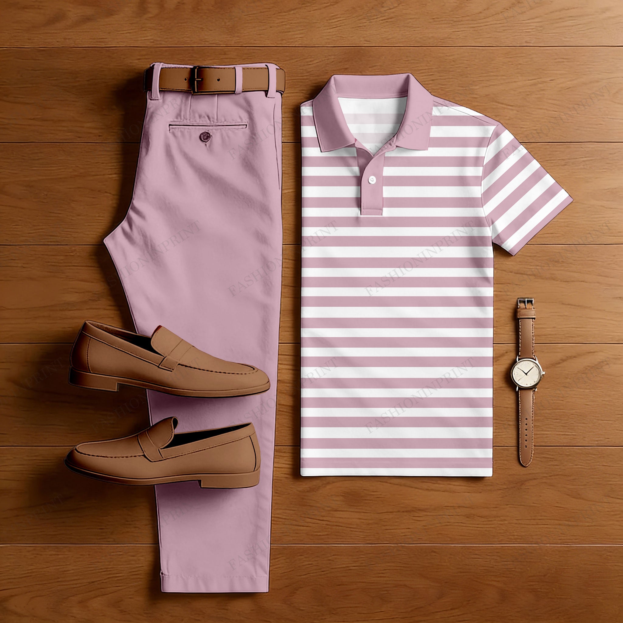 Men's Casual Pink Stripes Printed Polo Shirt And Pants Two-Piece Set