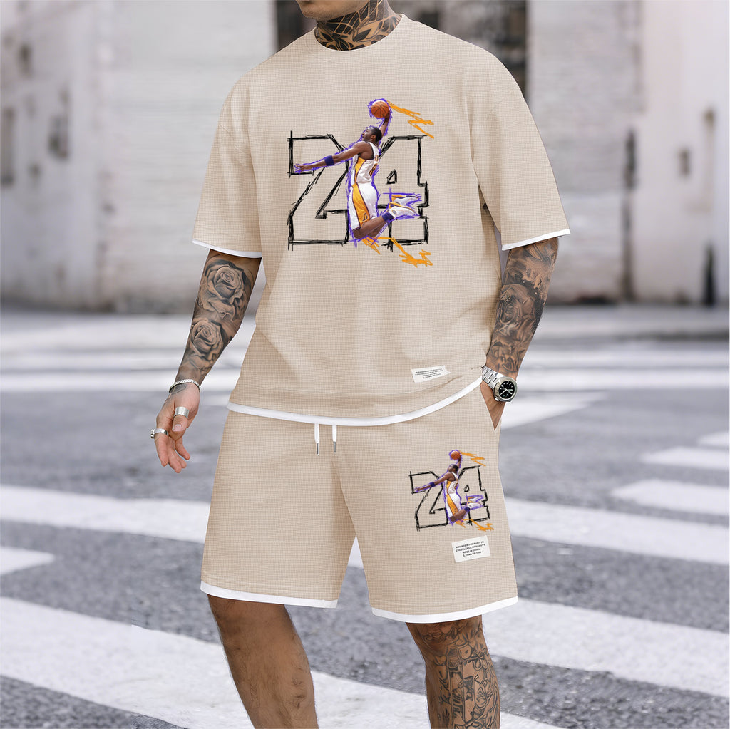 Men's No.24 Basketball Dunk Art Print Short Sleeve T-Shirt & Shorts Set, Summer Lightweight Waffle Sporty Casual Two-Piece Outfit, Streetwear for Basketball, Gym & Daily Wear