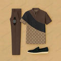 Men's Casual Brown & Coffee Color Matching Retro Style Checkered Printed Short Sleeved Henry Collar T-Shirt & Trousers Two-Piece Set