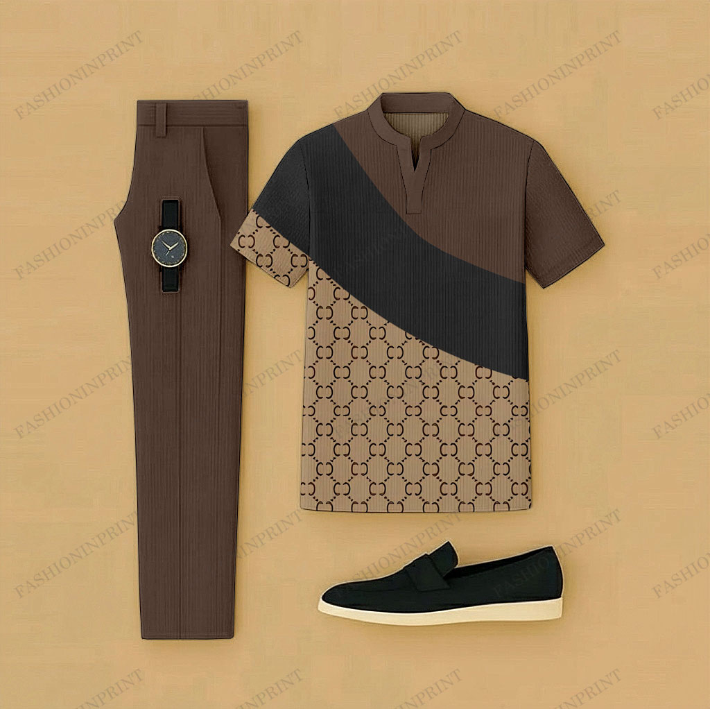 Men's Casual Brown & Coffee Color Matching Retro Style Checkered Printed Short Sleeved Henry Collar T-Shirt & Trousers Two-Piece Set
