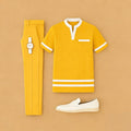 Men's Casual Yellow Color Matching Printed Short Sleeved Henry Collar T-Shirt & Trousers Two-Piece Set 202653
