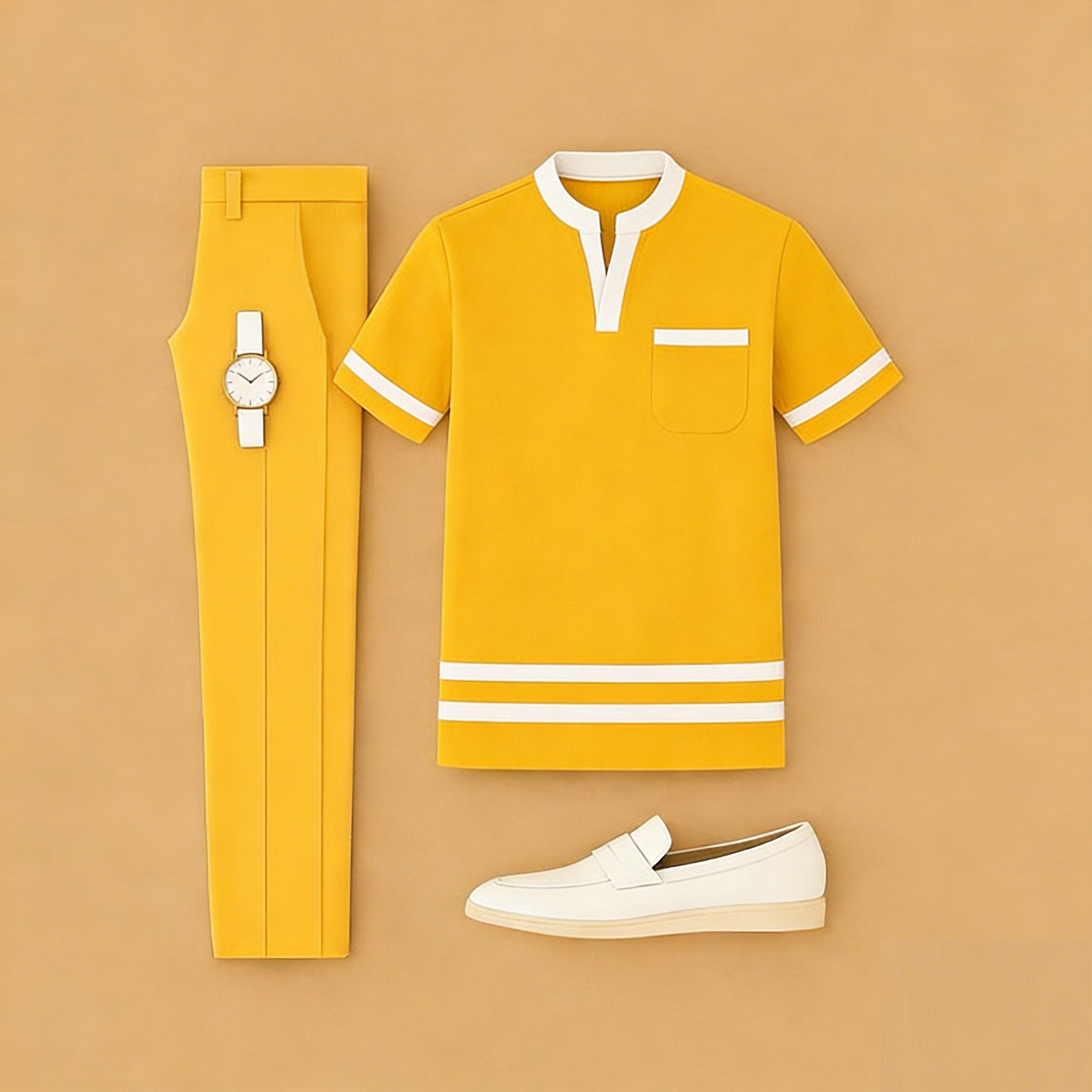 Men's Casual Yellow Color Matching Printed Short Sleeved Henry Collar T-Shirt & Trousers Two-Piece Set 202653