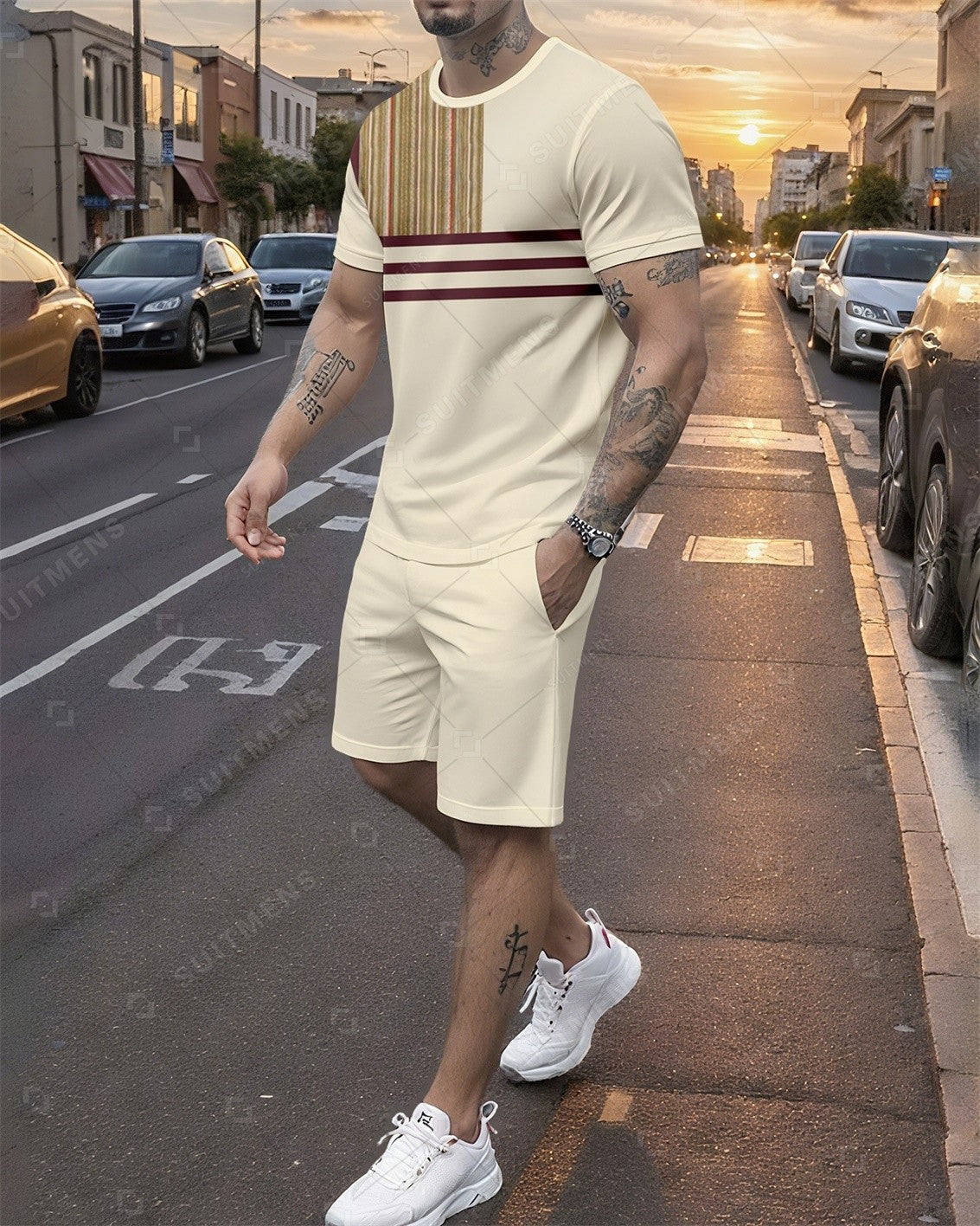 Men's Summer Colorblock Printed Round Neck Set 759