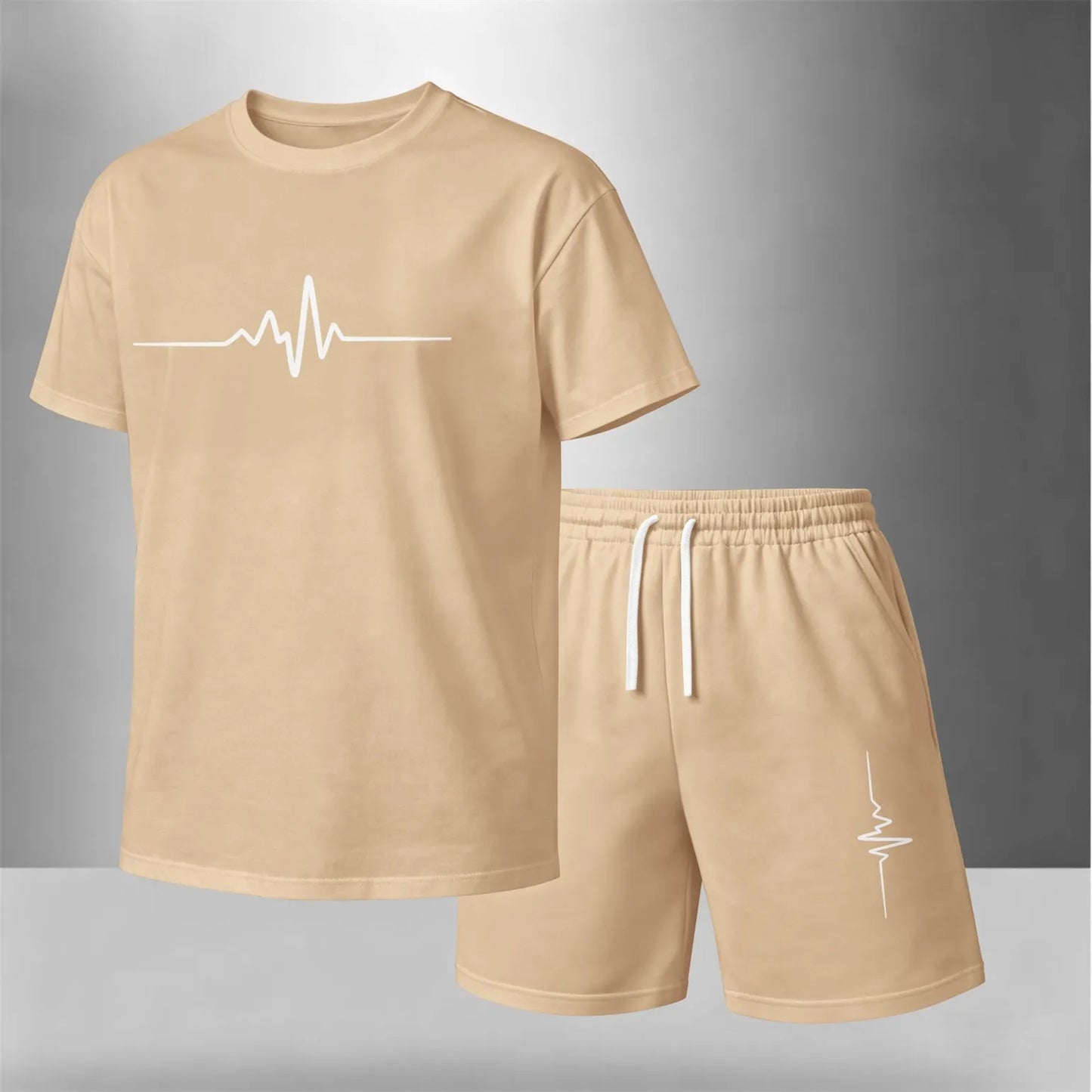 Men’s Summer 2 Piece Set, Heartbeat Line Print Short Sleeve T Shirt and Drawstring Shorts Matching Outfit, Lightweight Breathable Casual Set for Beach, Vacation, Gym, Travel, Running, and Daily Wear