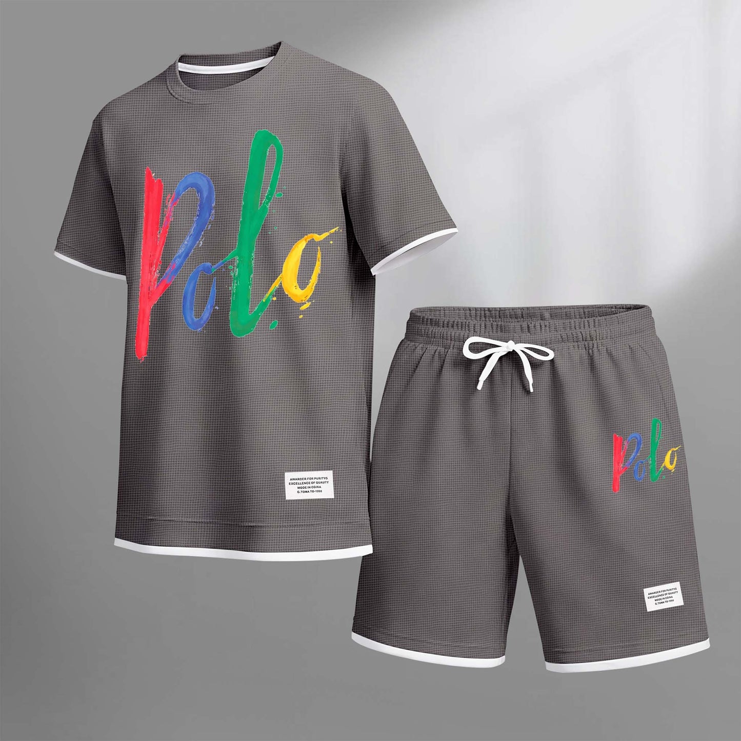 Men's Polo Print Drawstring Shorts Set For Spring/Summer. A Casual Summer Outfit, Including A Short-Sleeved Shirt And Shorts, Suitable For Everyday Wear And Sports. A Two-Piece Set For A Relaxed And Energetic Lifestyle.