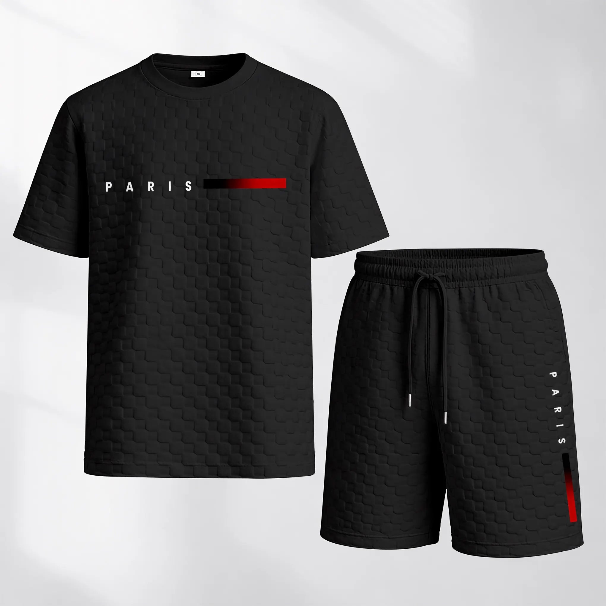 Men's Spring and Summer 'PARIS' Letter Print with Red and Black Line Checkered Fabric Drawstring Shorts Set, Casual Summer Outfit with Short-Sleeved Shirt and Shorts, Ideal for Everyday Wear and Sports Activities