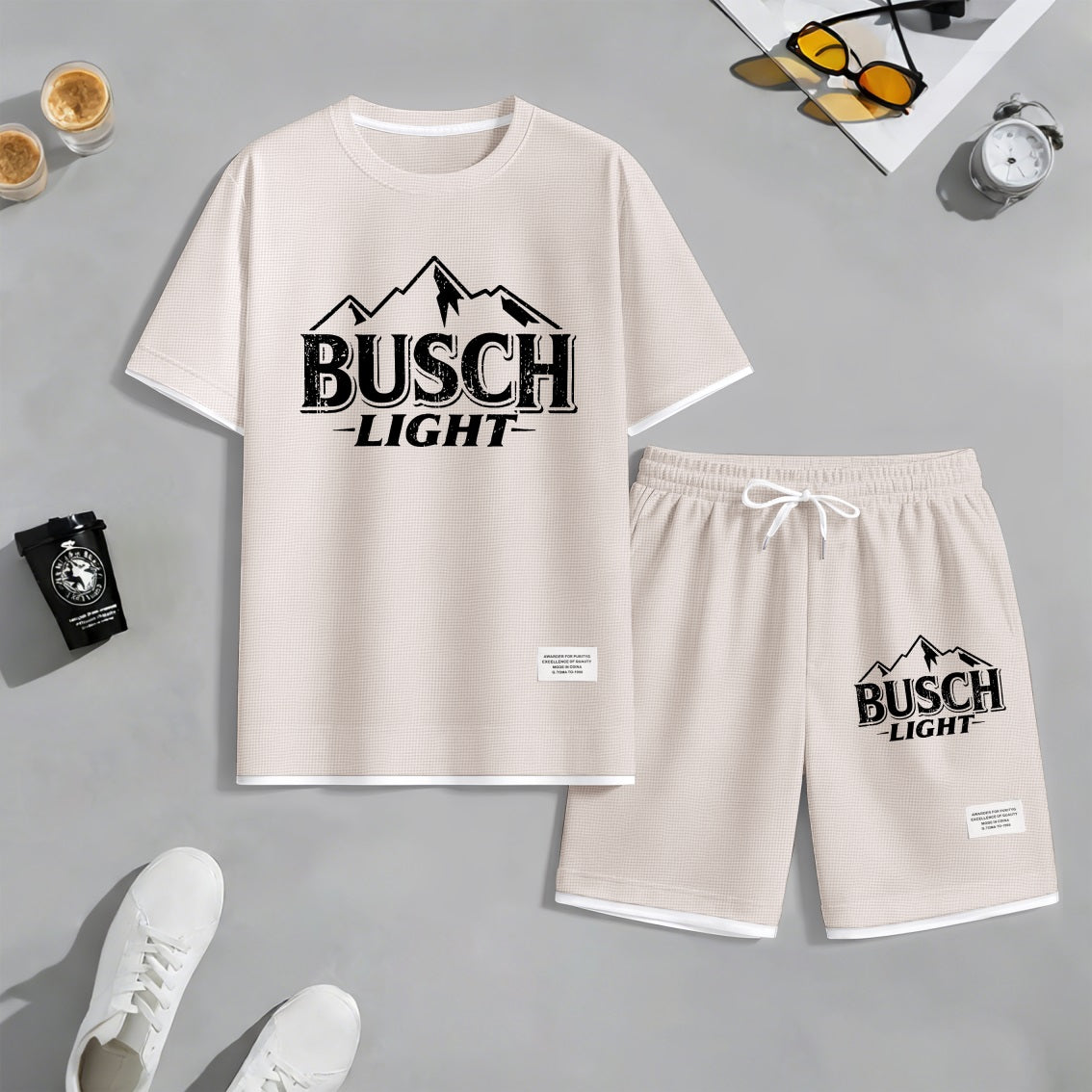 Men's Rocky Mountains Print Waffle Fabric Short-Sleeved Shirt And Shorts Set