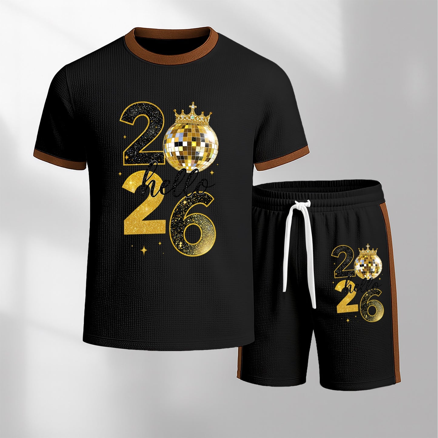 Men's 2026 Pattern Short-Sleeve T-Shirt and Drawstring Shorts Set, Men's Clothing, Casual Sporty Short-Sleeve Top and Shorts, Summer Men's Everyday Wear, Indoor and Outdoor Sportswear, Athletic Set