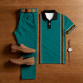 Men's Casual Green & Black Color Matching Retro Style Printed Short Sleeved Polo Shirt & Trousers Two-Piece Set