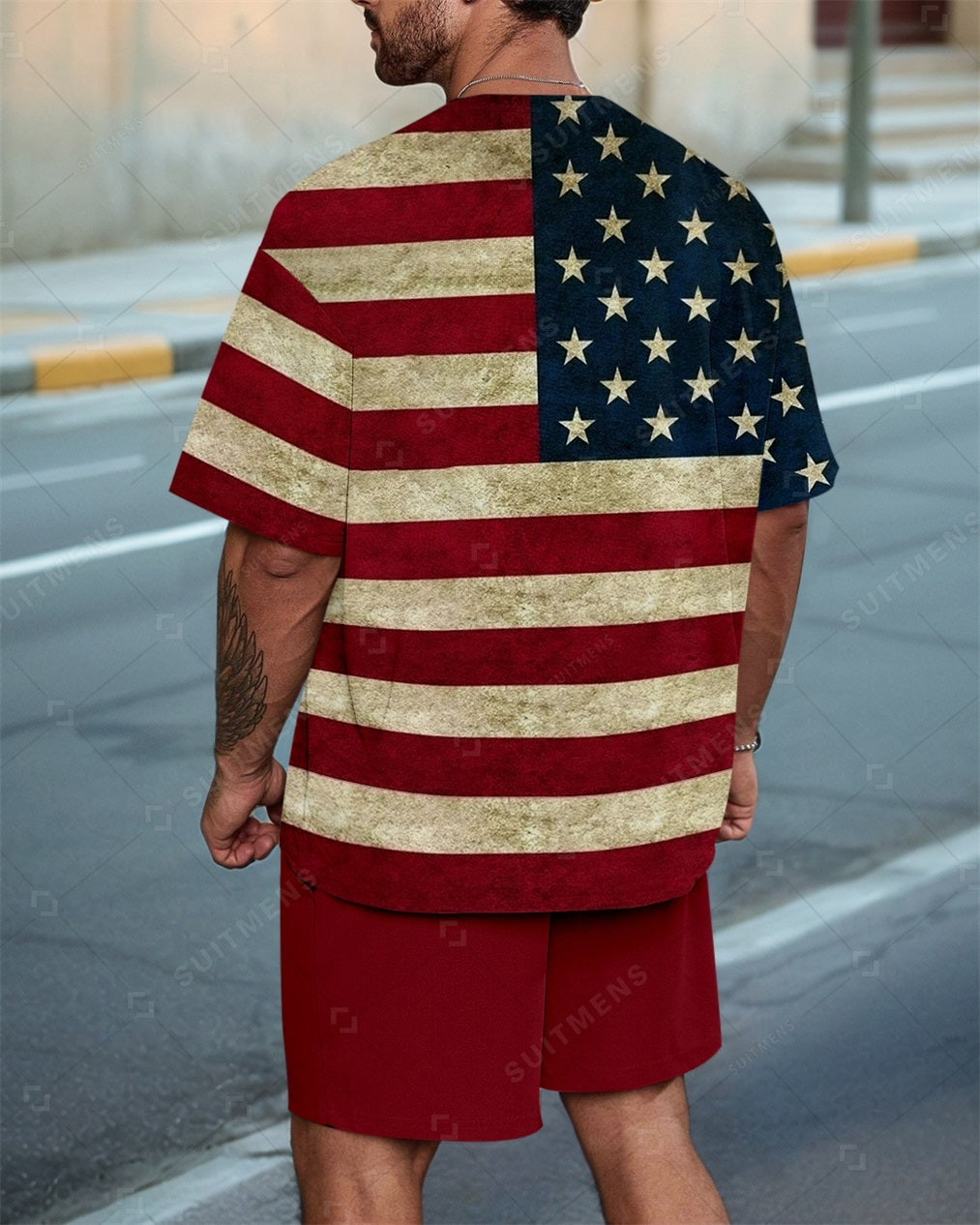 Men's Flag Colorblock Casual Summer Round Neck Set 0114