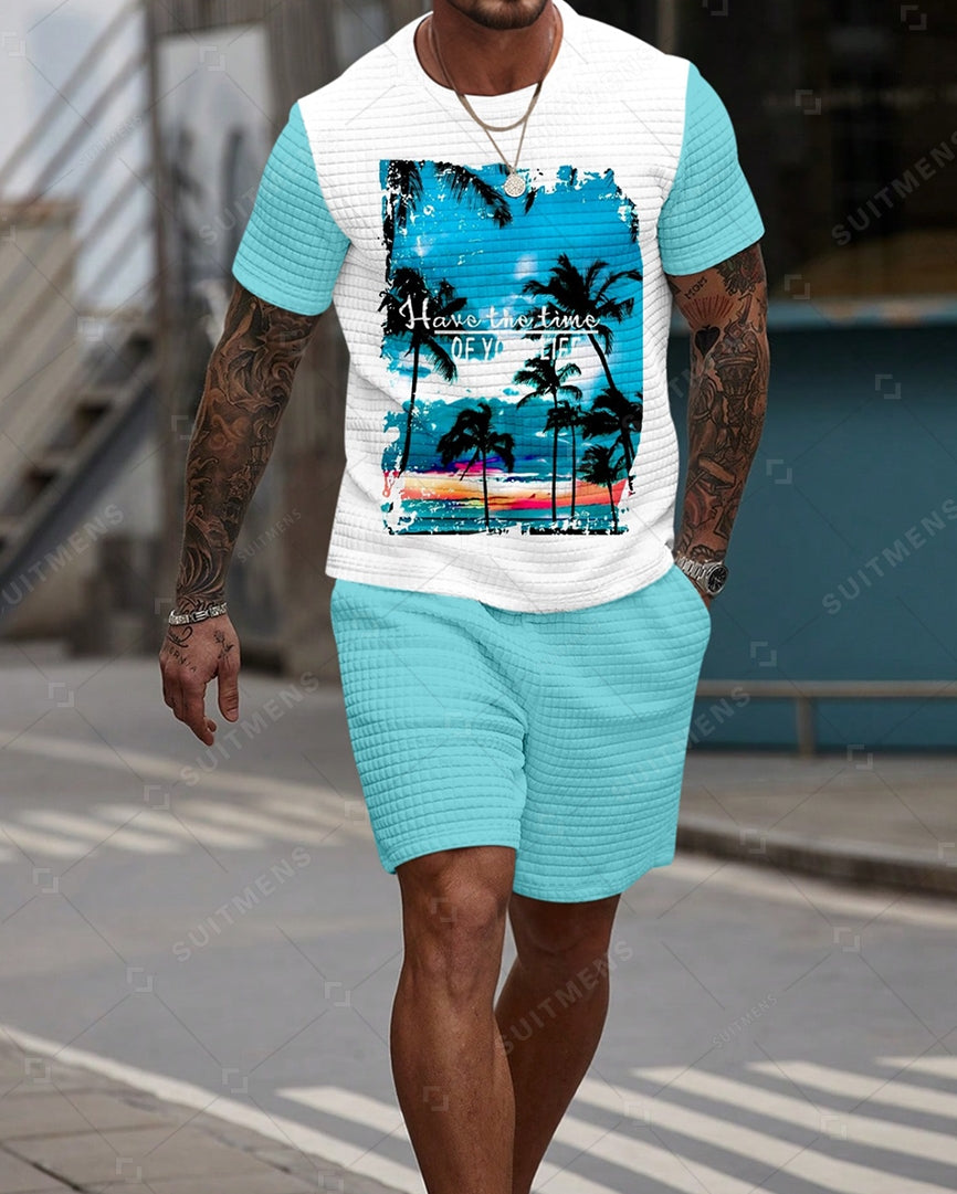 Men's Casual Waffle Textured Summer Round Neck Short Sleeve Shorts Set 0014