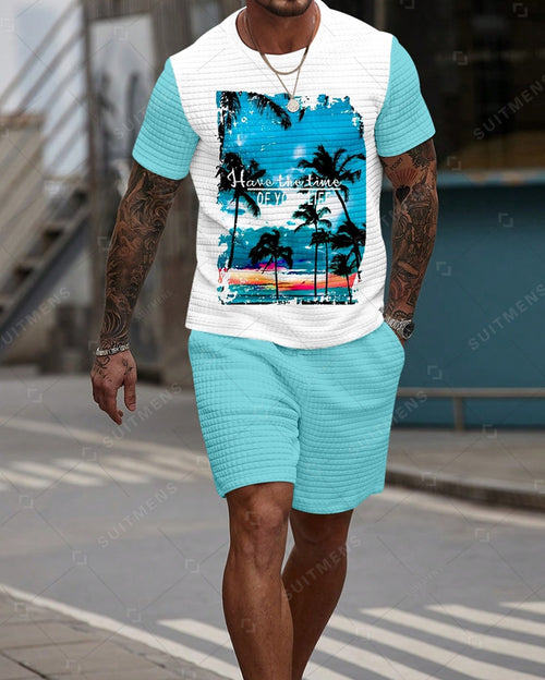 Men's Casual Waffle Textured Summer Round Neck Short Sleeve Shorts Set 0014