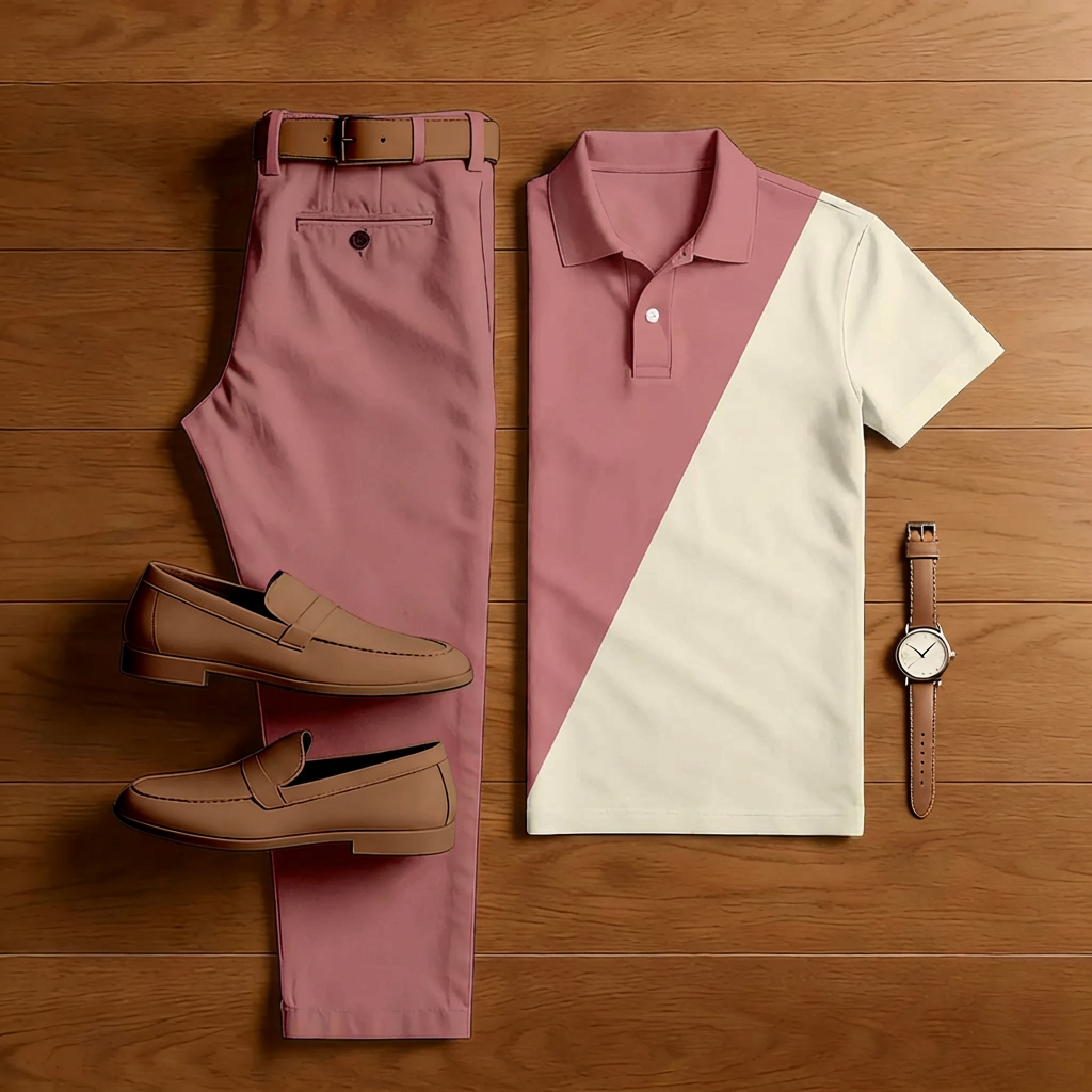 Men's Casual Color-Blocked Geometric Print Short-Sleeved Polo Shirt And Trousers Two-Piece Set