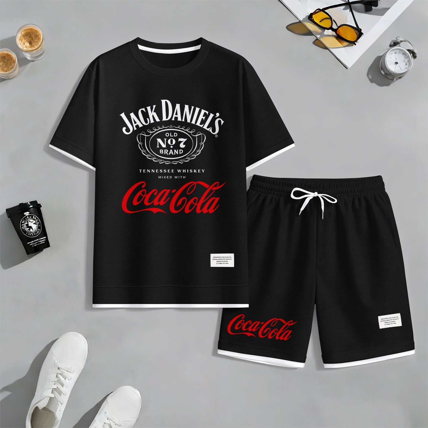 Men's Beer Print Drawstring Shorts Set, Suitable For Spring And Summer Wear, Casual Summer Set, Including Short-Sleeved Shirt And Shorts, Suitable For Everyday Wear And Sports 06