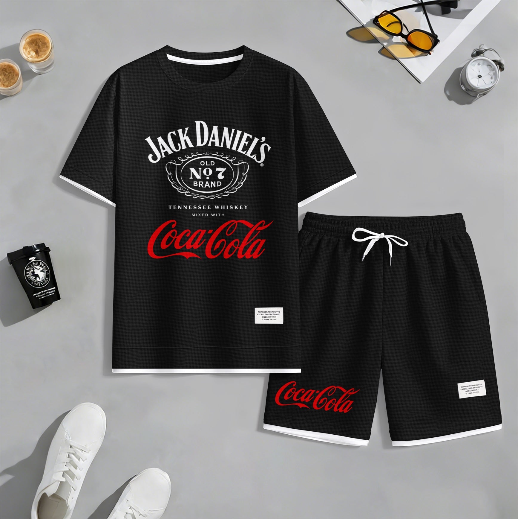 Men's Beer Print Drawstring Shorts Set, Suitable For Spring And Summer Wear, Casual Summer Set, Including Short-Sleeved Shirt And Shorts, Suitable For Everyday Wear And Sports 06