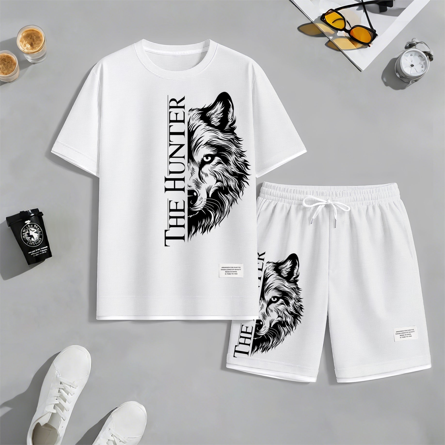 Men's "The Hunter" Wolf Head Graphic Print Waffle Short Sleeve T-Shirt & Shorts Set, Summer Lightweight Casual Sporty Two-Piece Outfit, Streetwear for Gym & Daily Wear