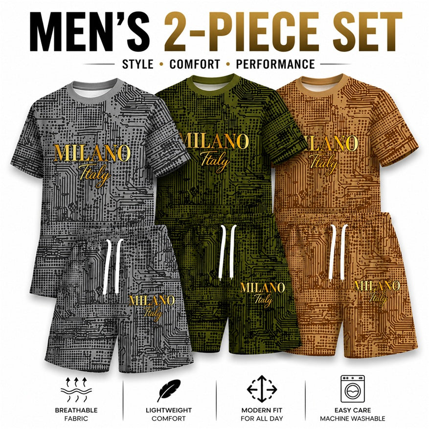 Men’s MILANO Graphic 2 Piece Outfit, Short Sleeve Tee and Drawstring Shorts Set, Breathable Casual Summer Set for Gym, Running, Vacation, Beach and Outdoor