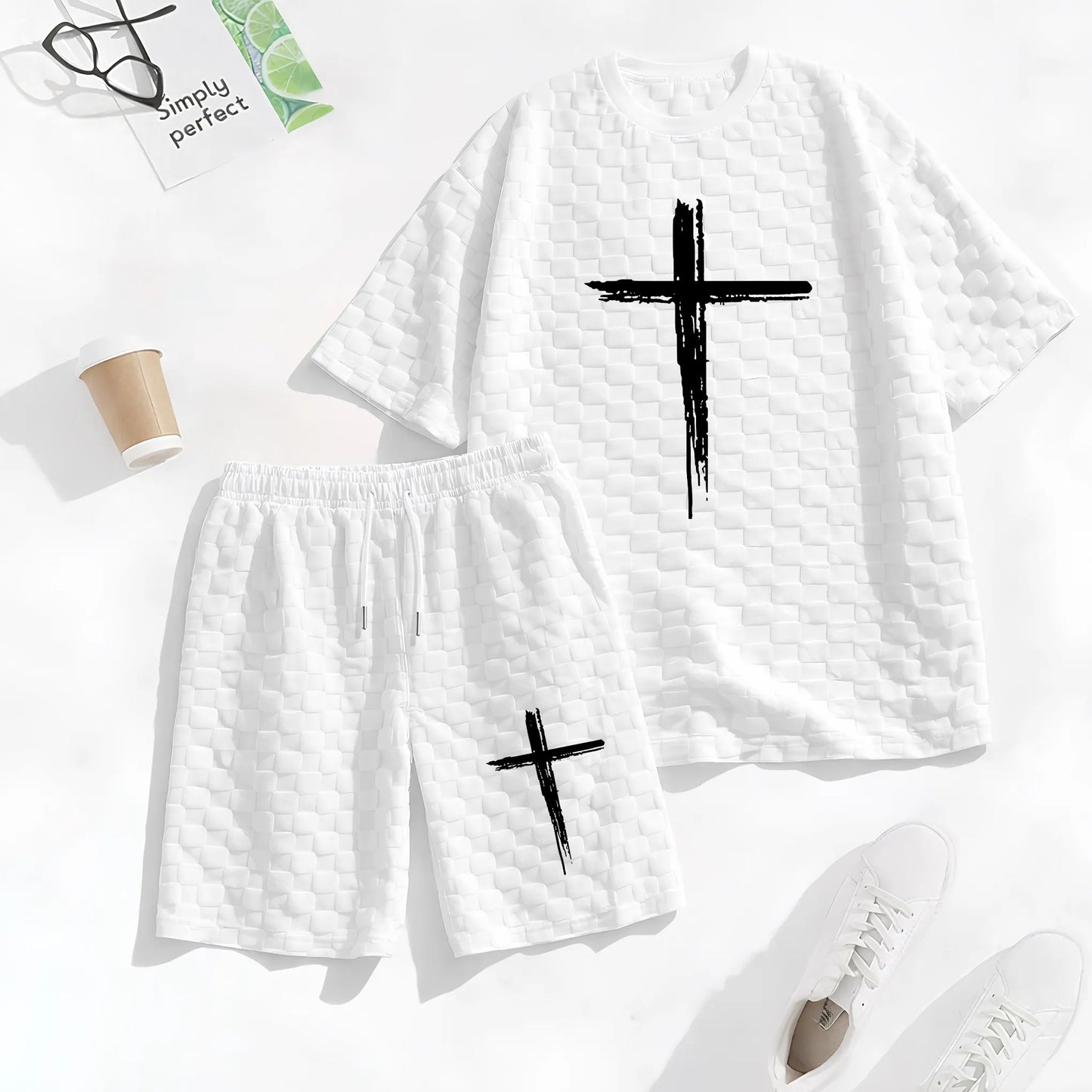 Men's Spring and Summer Cross Print Checkered Fabric Drawstring Shorts Set, Casual Summer Outfit with Short-Sleeved Shirt and Shorts, Ideal for Everyday Wear and Sports Activities