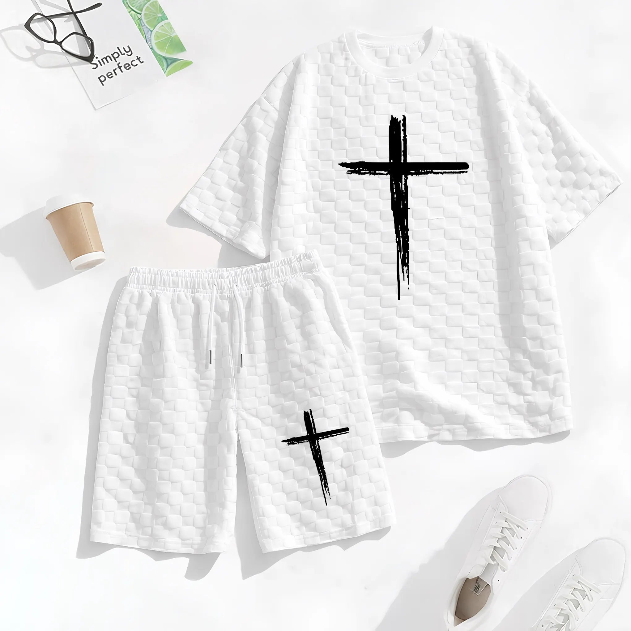 Men's Spring and Summer Cross Print Checkered Fabric Drawstring Shorts Set, Casual Summer Outfit with Short-Sleeved Shirt and Shorts, Ideal for Everyday Wear and Sports Activities