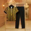 Men's Casual Black & Gold Color Matching Baroque Style Printed Zipper Short Sleeved Polo Shirt & Trousers Two-Piece Set