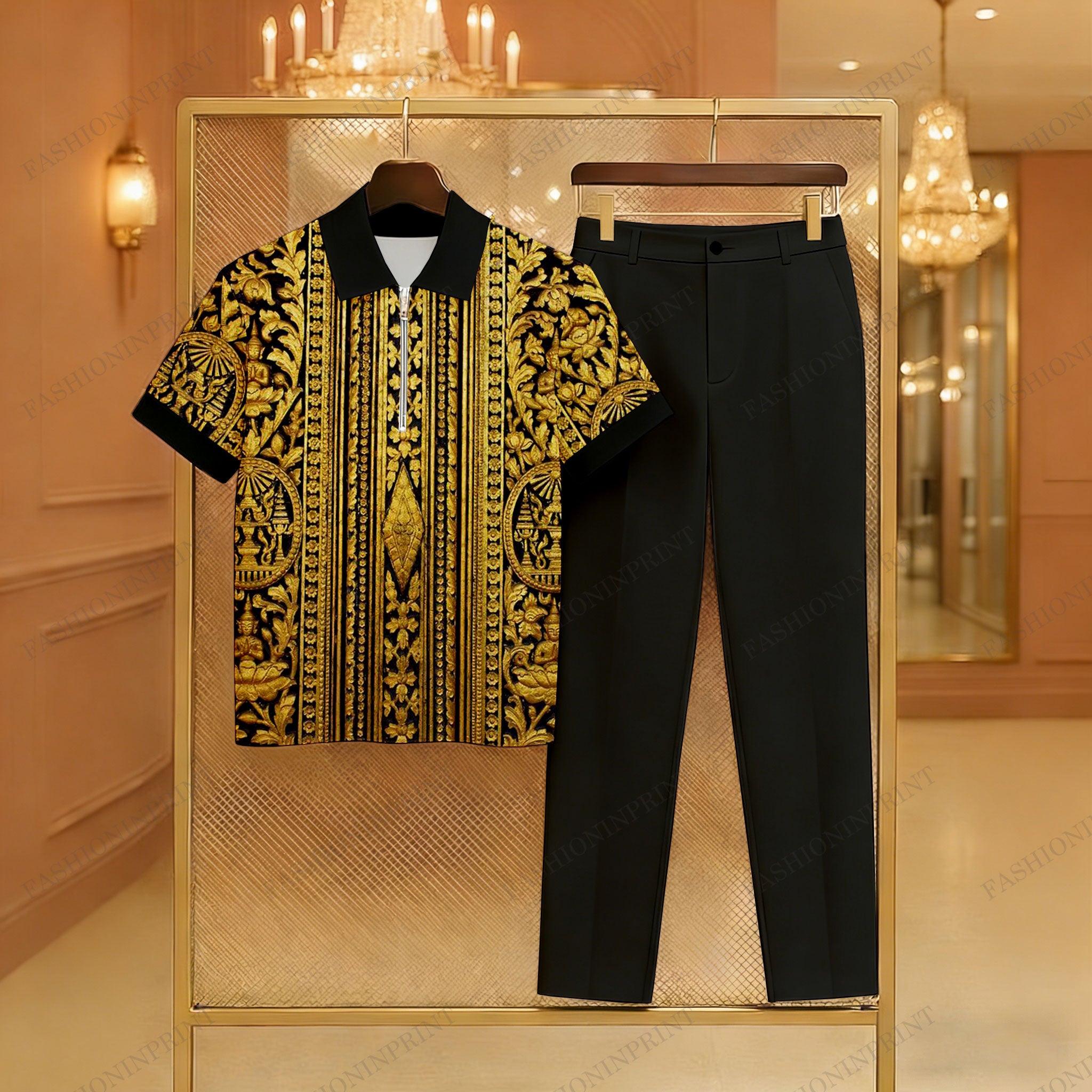 Men's Casual Black & Gold Color Matching Baroque Style Printed Zipper Short Sleeved Polo Shirt & Trousers Two-Piece Set