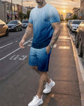 Men's Summer Colorblock Printed Round Neck Set 740