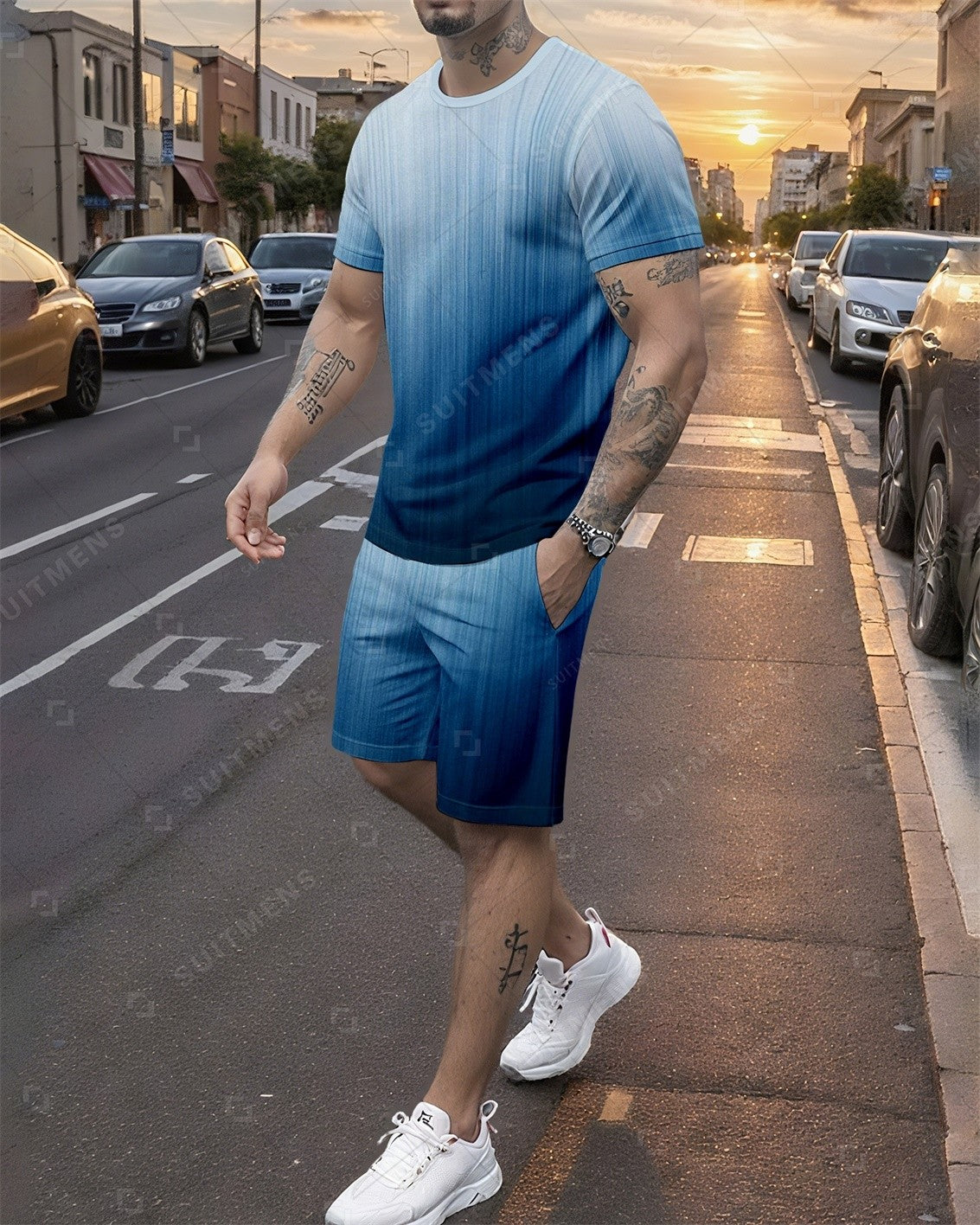 Men's Summer Colorblock Printed Round Neck Set 740