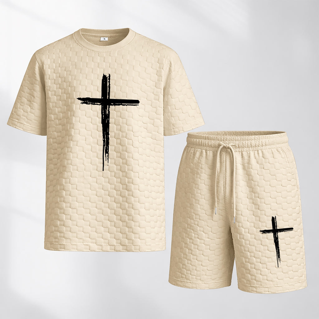 Men's Spring and Summer Cross Print Checkered Fabric Drawstring Shorts Set, Casual Summer Outfit with Short-Sleeved Shirt and Shorts, Ideal for Everyday Wear and Sports Activities
