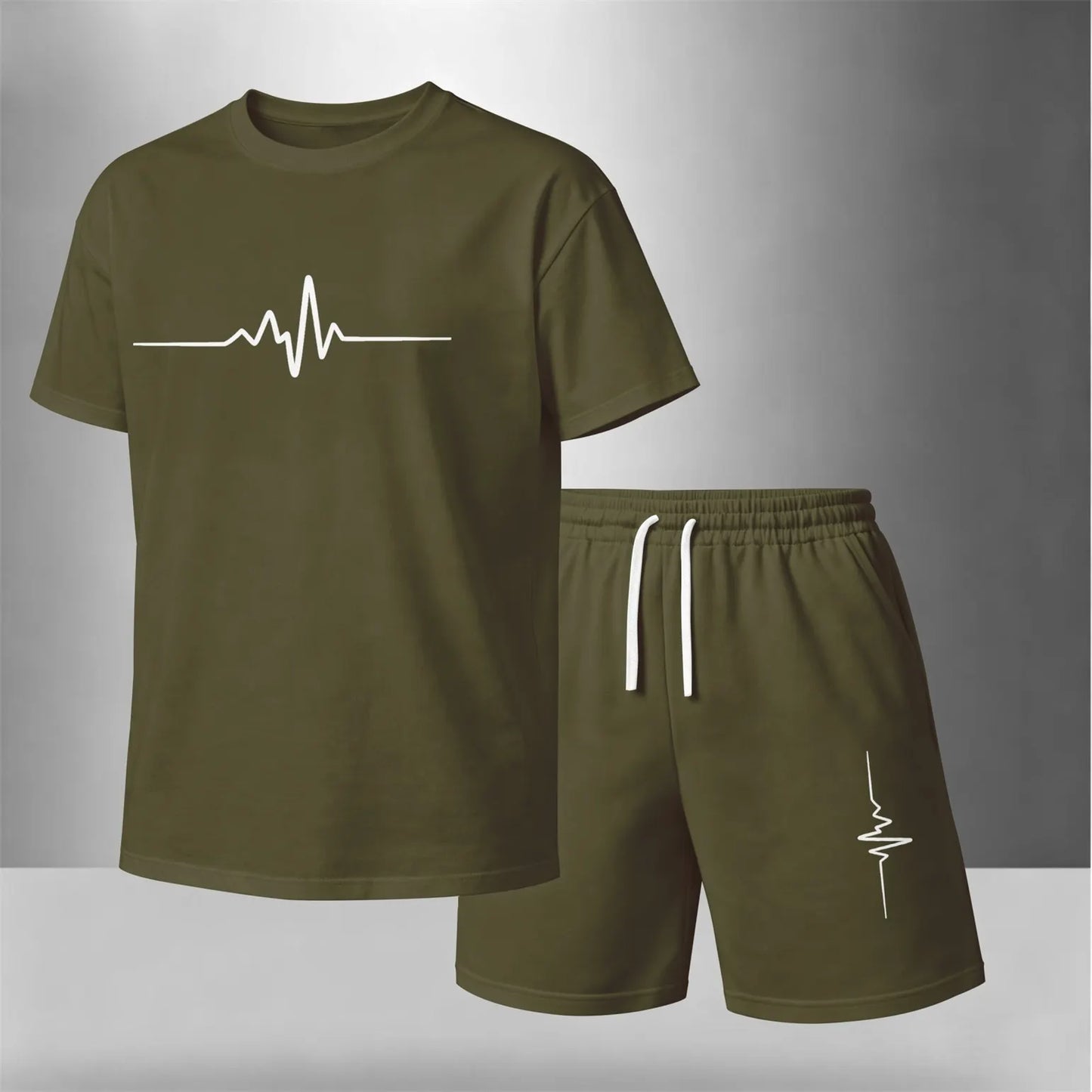 Men’s Summer 2 Piece Set, Heartbeat Line Print Short Sleeve T Shirt and Drawstring Shorts Matching Outfit, Lightweight Breathable Casual Set for Beach, Vacation, Gym, Travel, Running, and Daily Wear