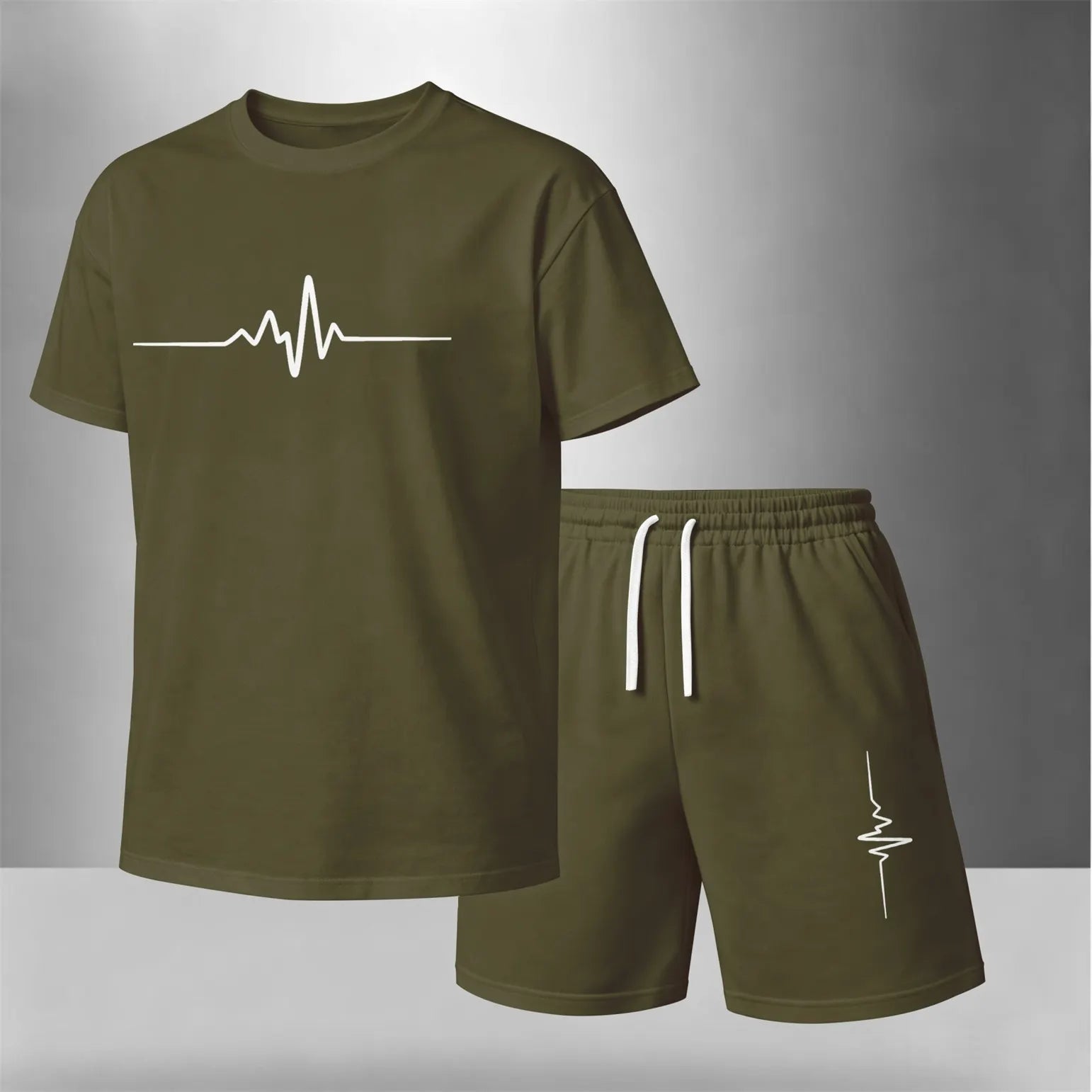 Men’s Summer 2 Piece Set, Heartbeat Line Print Short Sleeve T Shirt and Drawstring Shorts Matching Outfit, Lightweight Breathable Casual Set for Beach, Vacation, Gym, Travel, Running, and Daily Wear