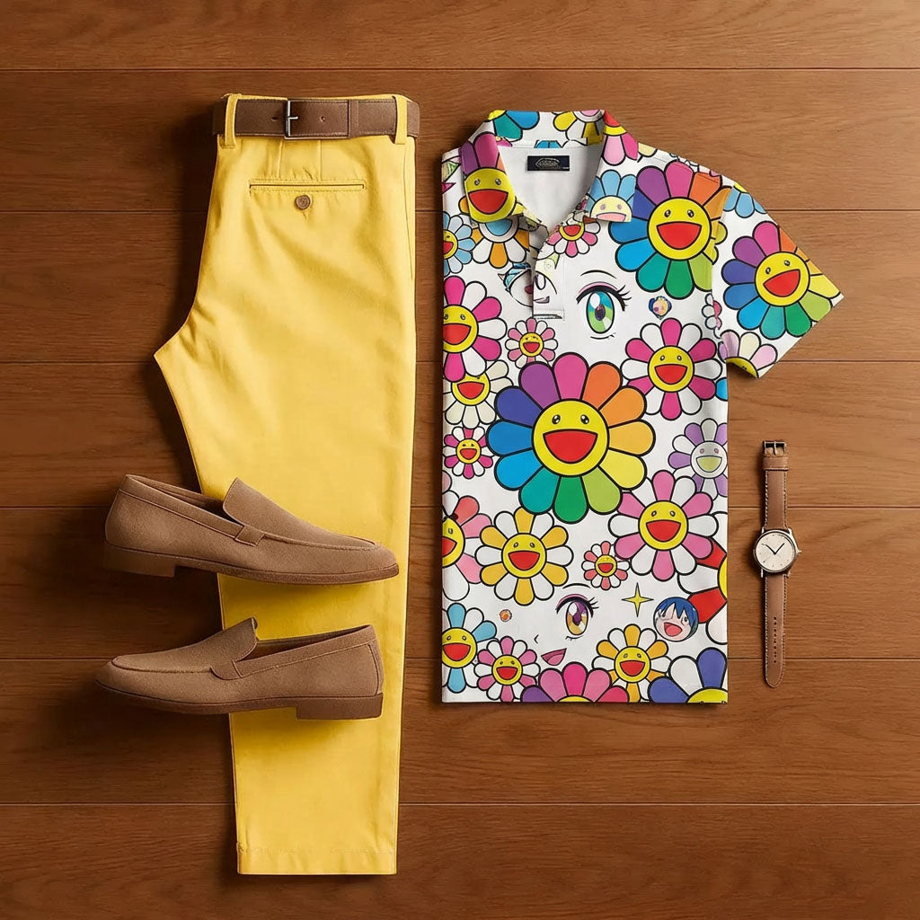 Men's Casual Colorful Floral Short-Sleeve Shirt And Trousers Two-Piece Set
