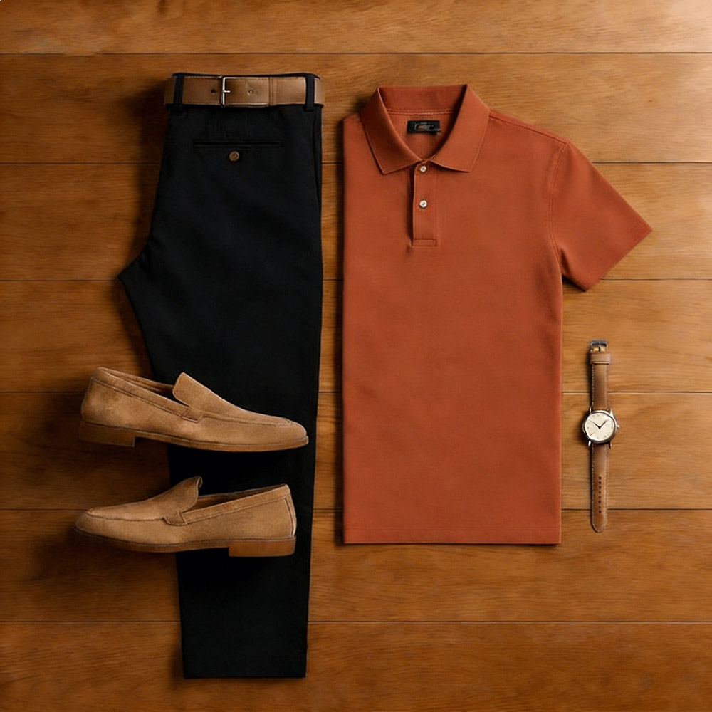 Men's Casual Red Brown & Black Solid Color Matching Sport Short Sleeved Polo Shirt & Trousers Two-Piece Set 201635